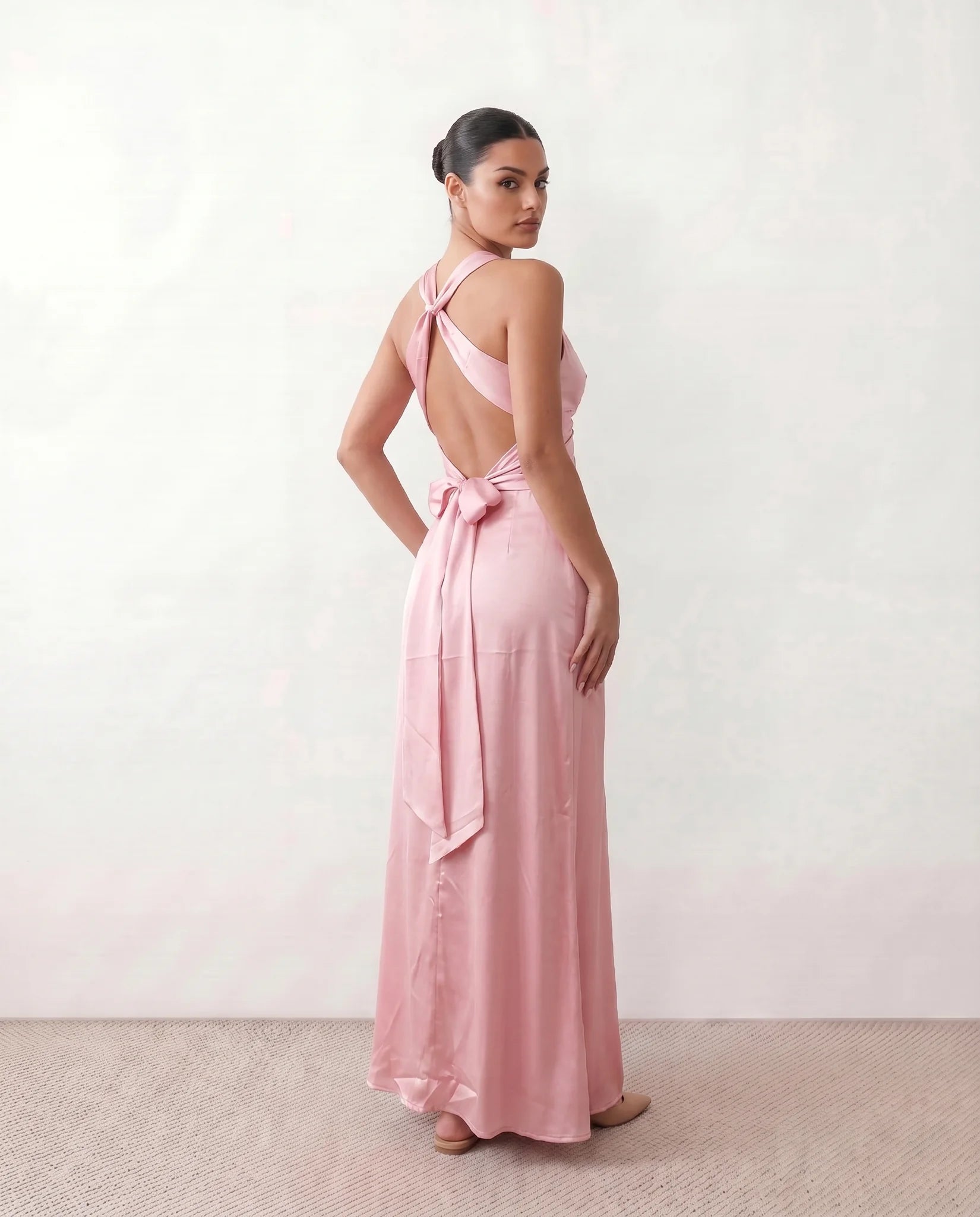 Vendula Backless Bow Detail Maxi Dress in Pink — back view