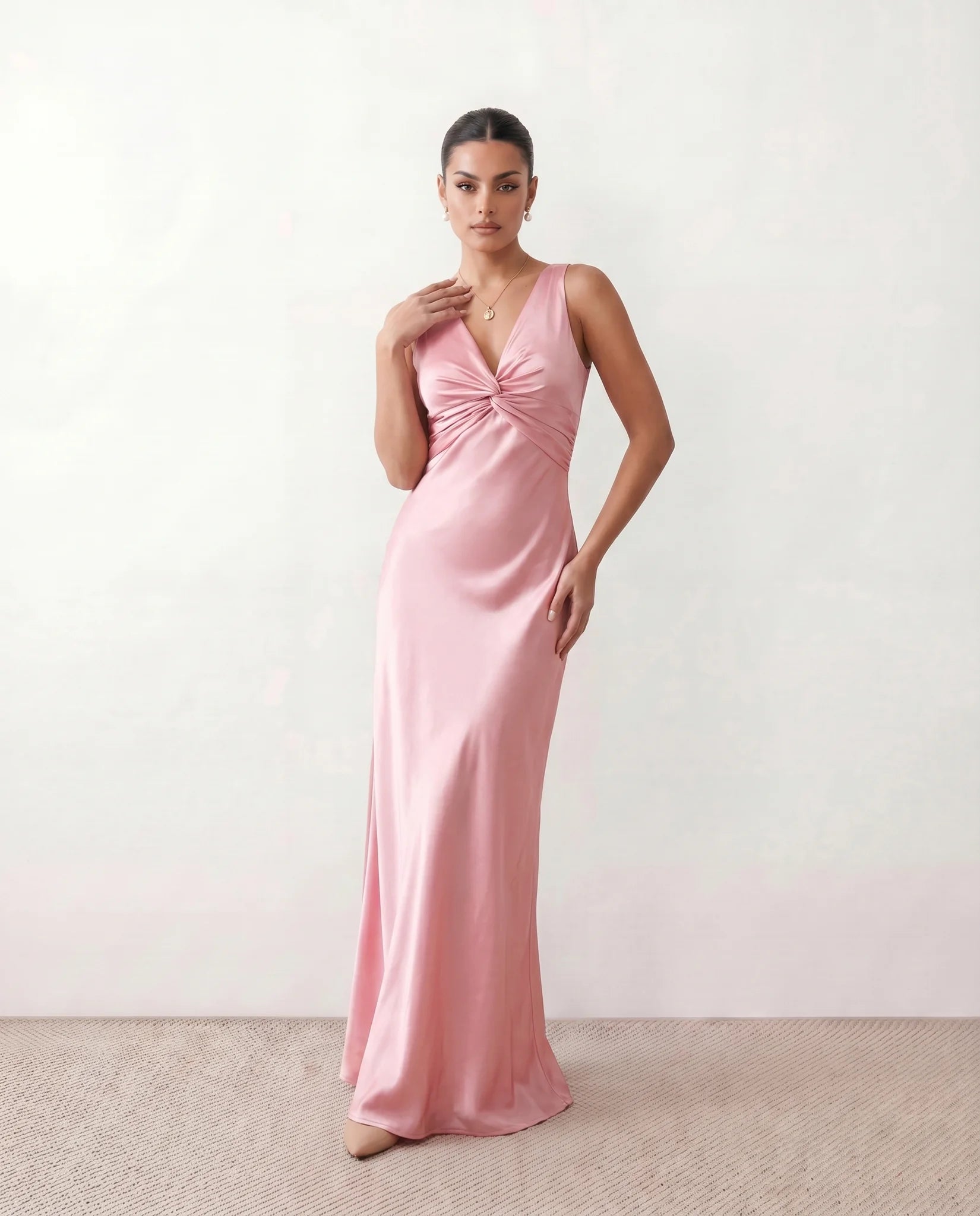 Vendula Backless Bow Detail Maxi Dress in Pink — front view