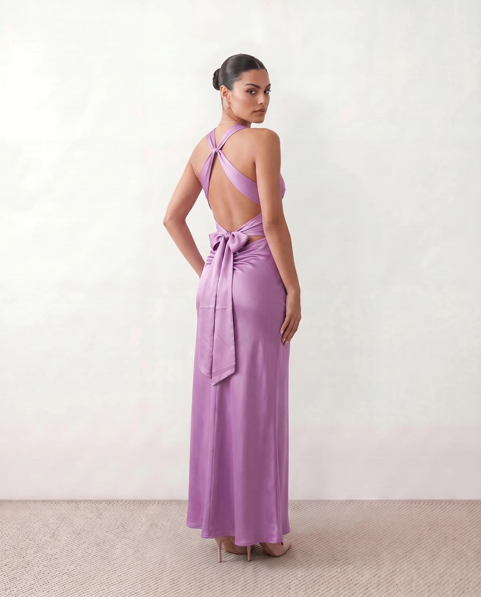 Vendula Backless Bow Detail Maxi Dress in Purple — back view