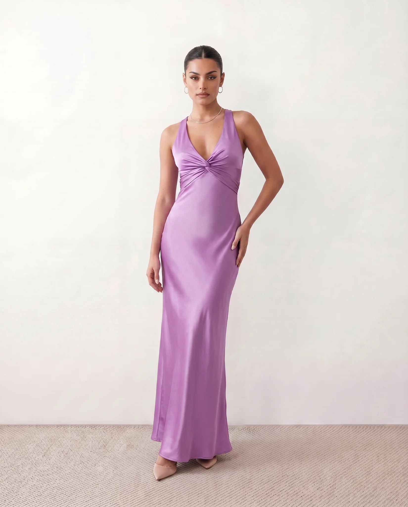 Vendula Backless Bow Detail Maxi Dress in Purple — front view
