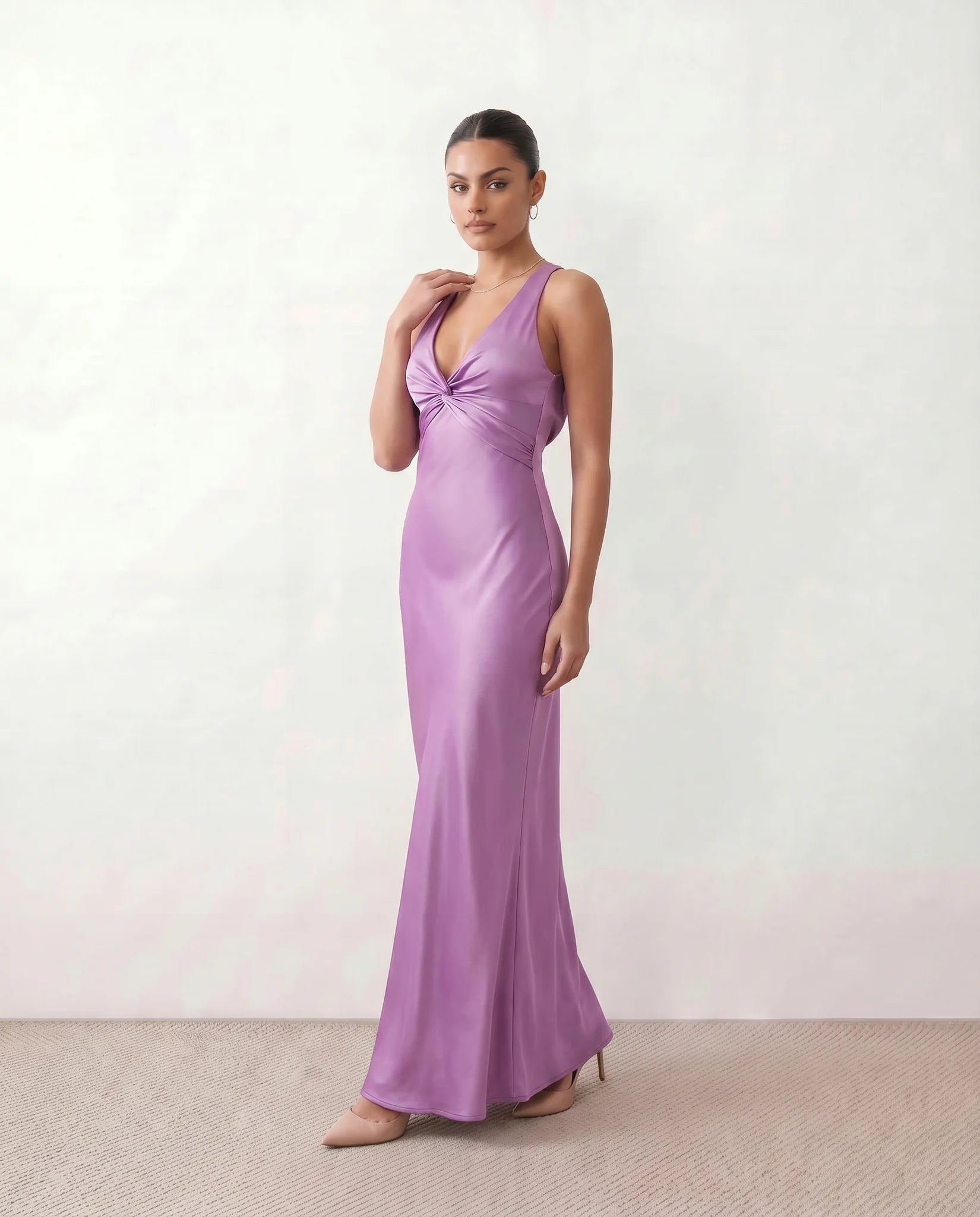Vendula Backless Bow Detail Maxi Dress in Purple — side view