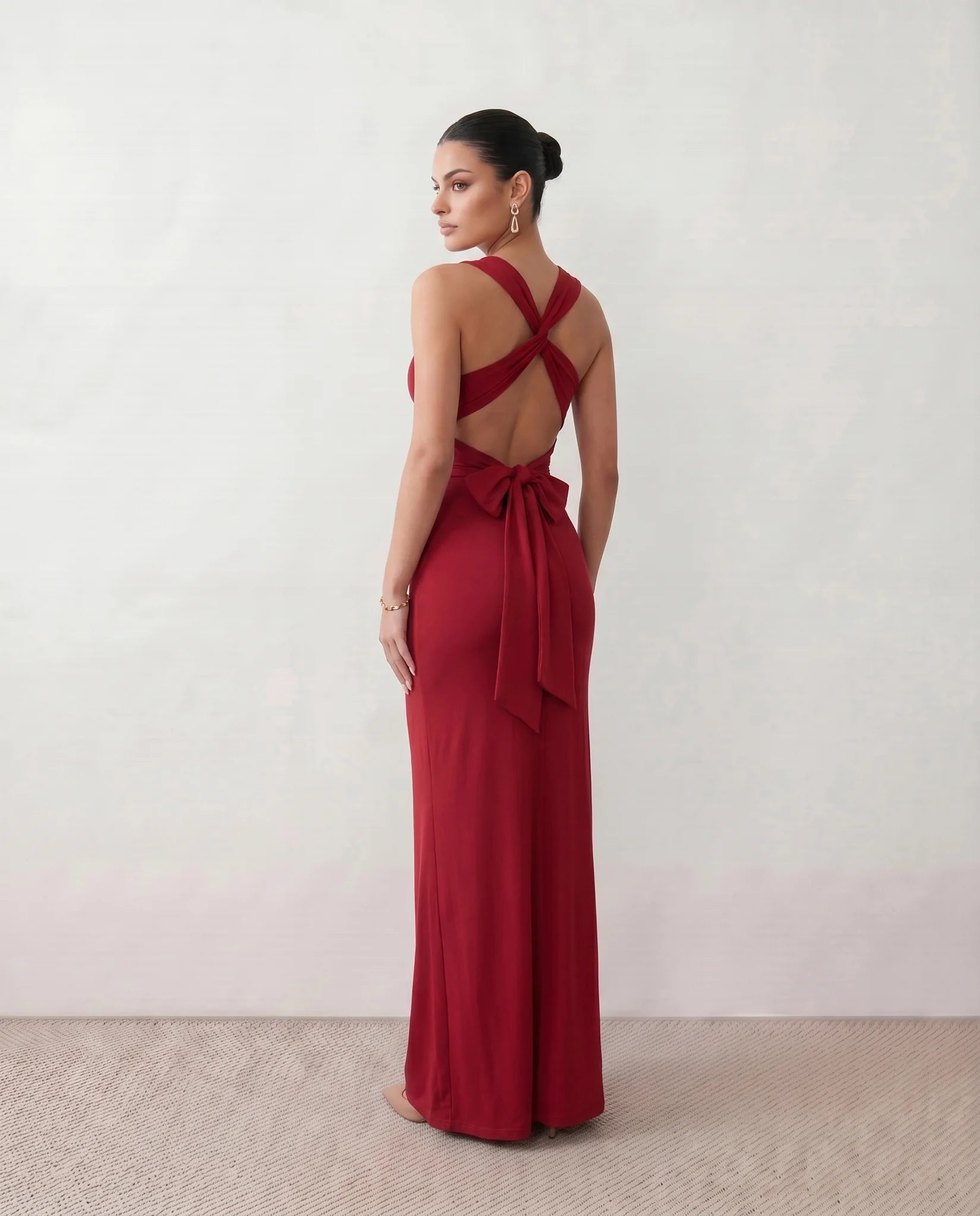 Vendula Backless Bow Detail Maxi Dress in Red — back view