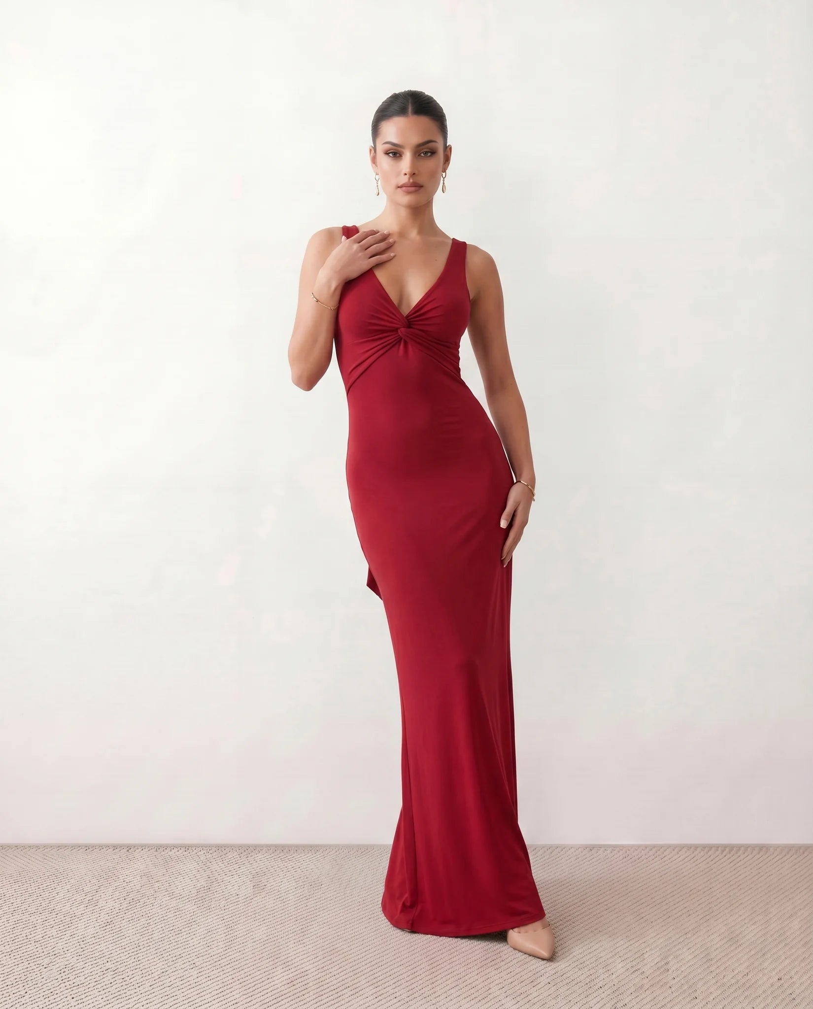 Vendula Backless Bow Detail Maxi Dress in Red — front view