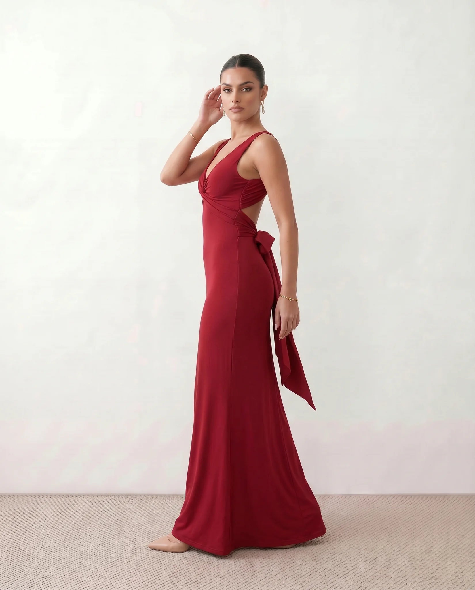 Vendula Backless Bow Detail Maxi Dress in Red — side view