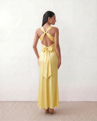 Vendula Backless Bow Detail Maxi Dress in Yellow — back view
