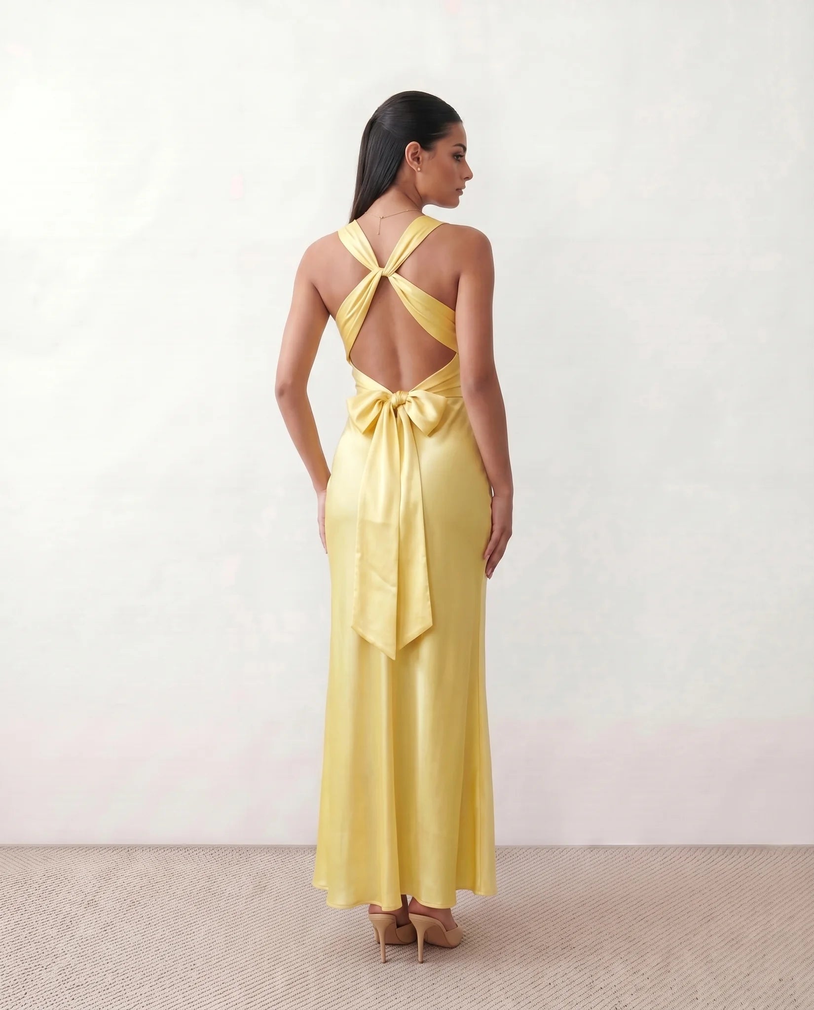 Vendula Backless Bow Detail Maxi Dress in Yellow — back view