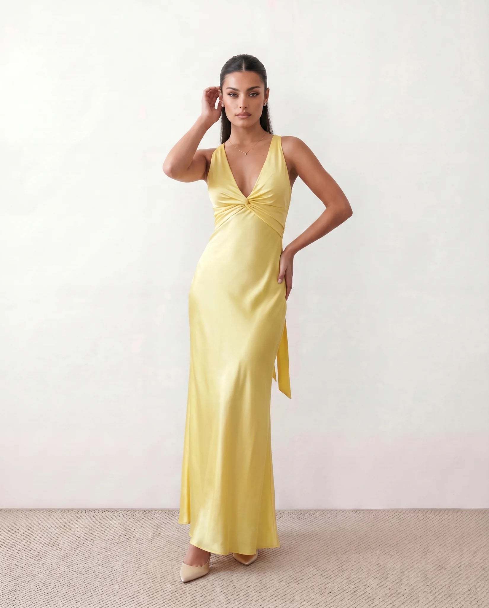 Vendula Backless Bow Detail Maxi Dress in Yellow — front view