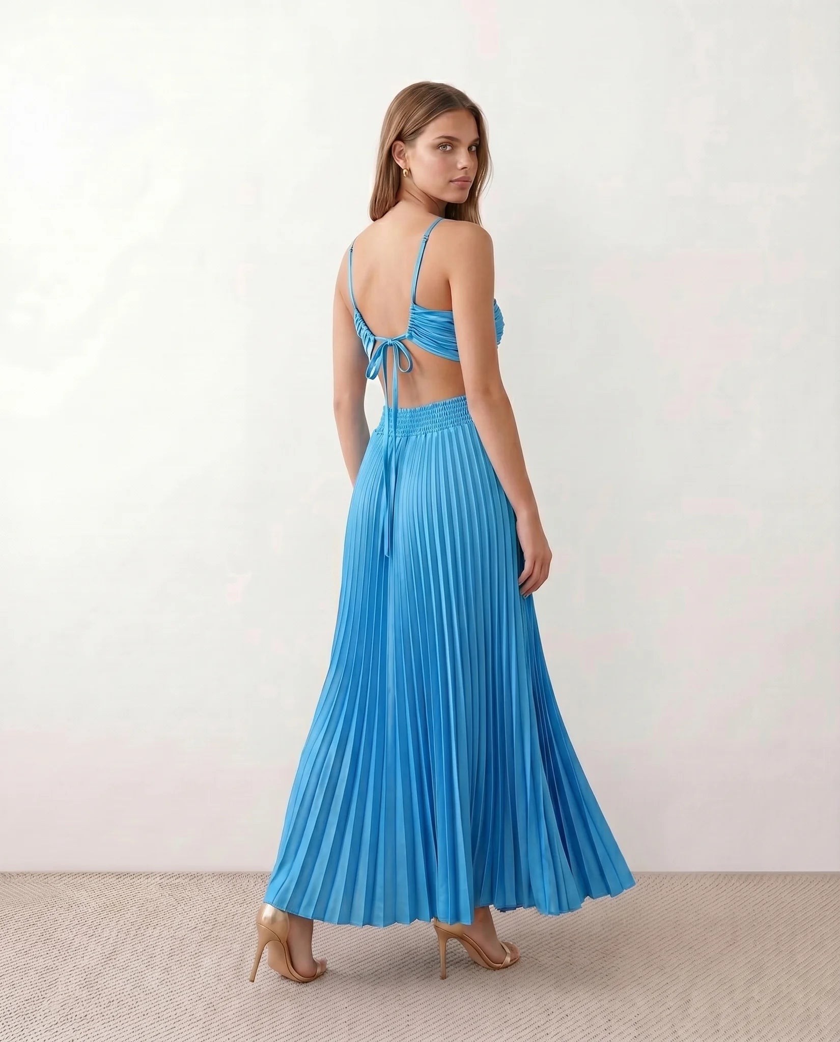 Estella Pleated Strapless Maxi Dress in Blue — back view