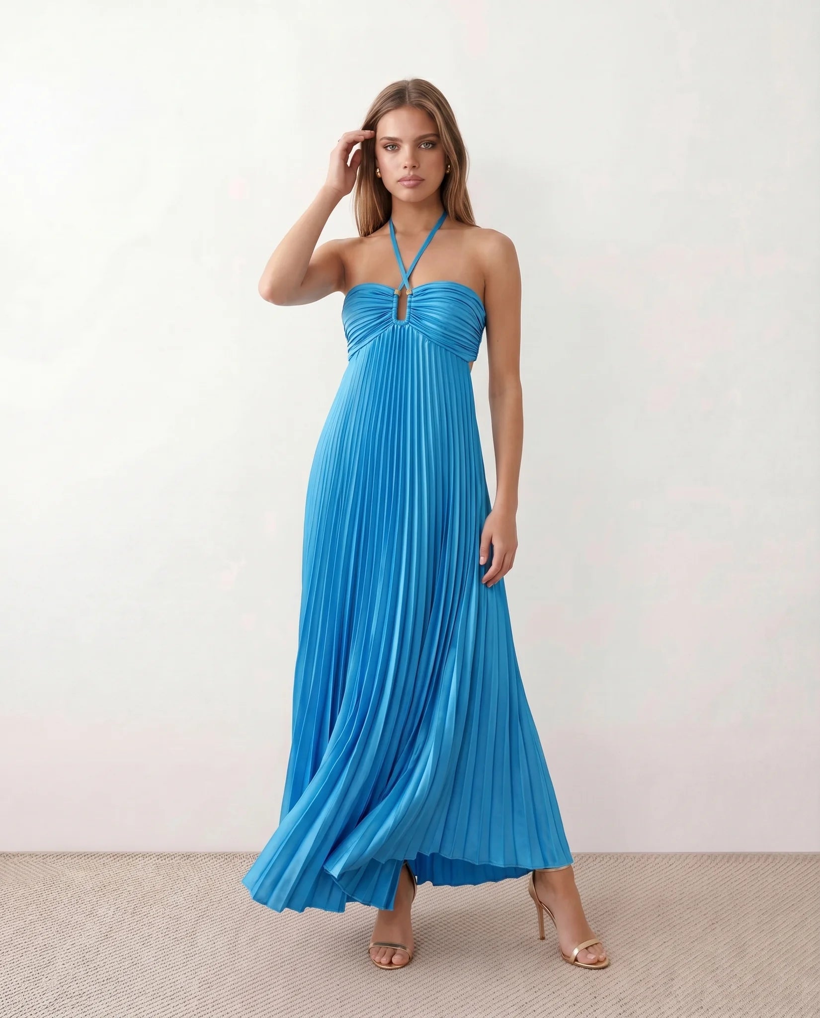 Estella Pleated Strapless Maxi Dress in Blue — front view