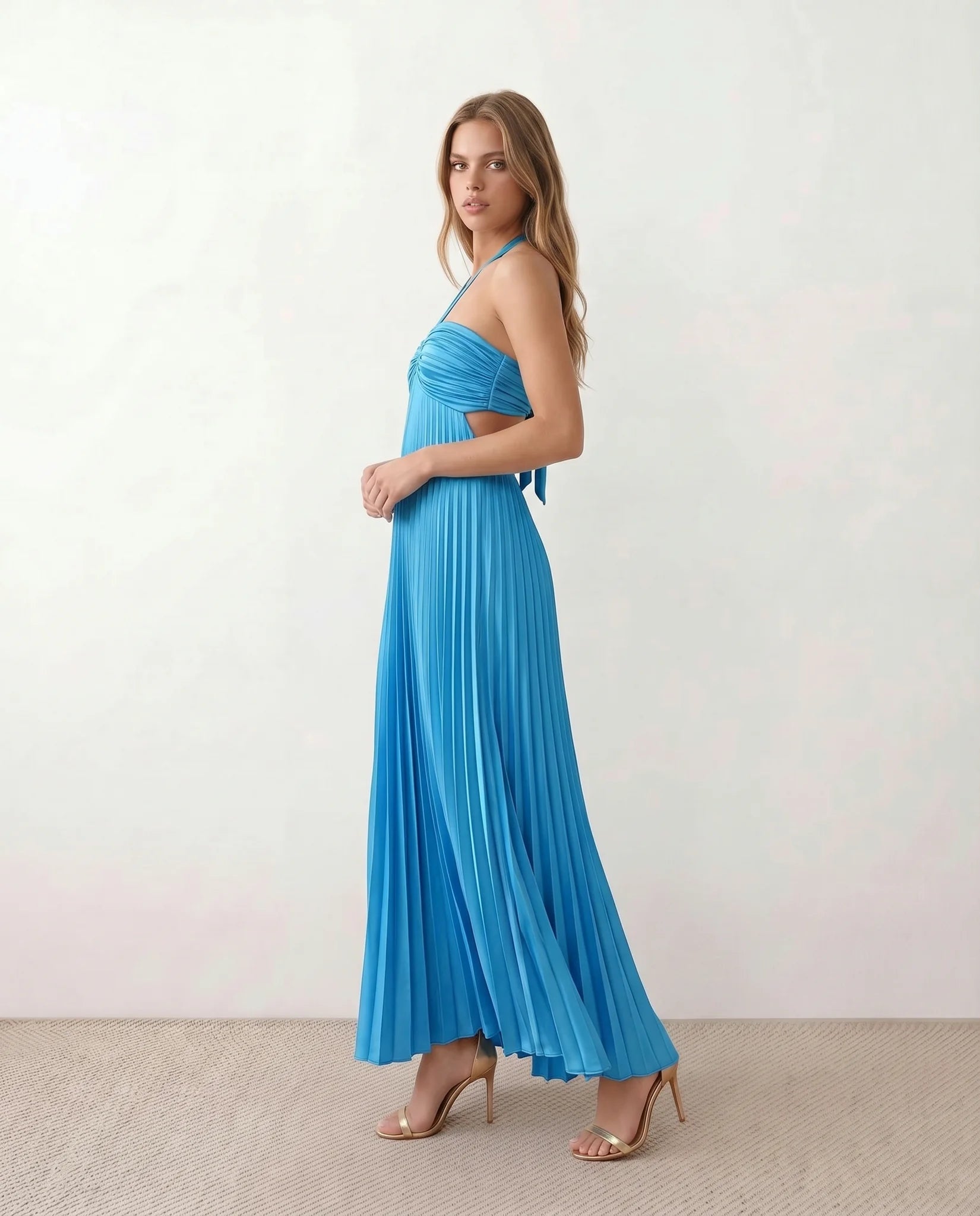 Estella Pleated Strapless Maxi Dress in Blue — side view
