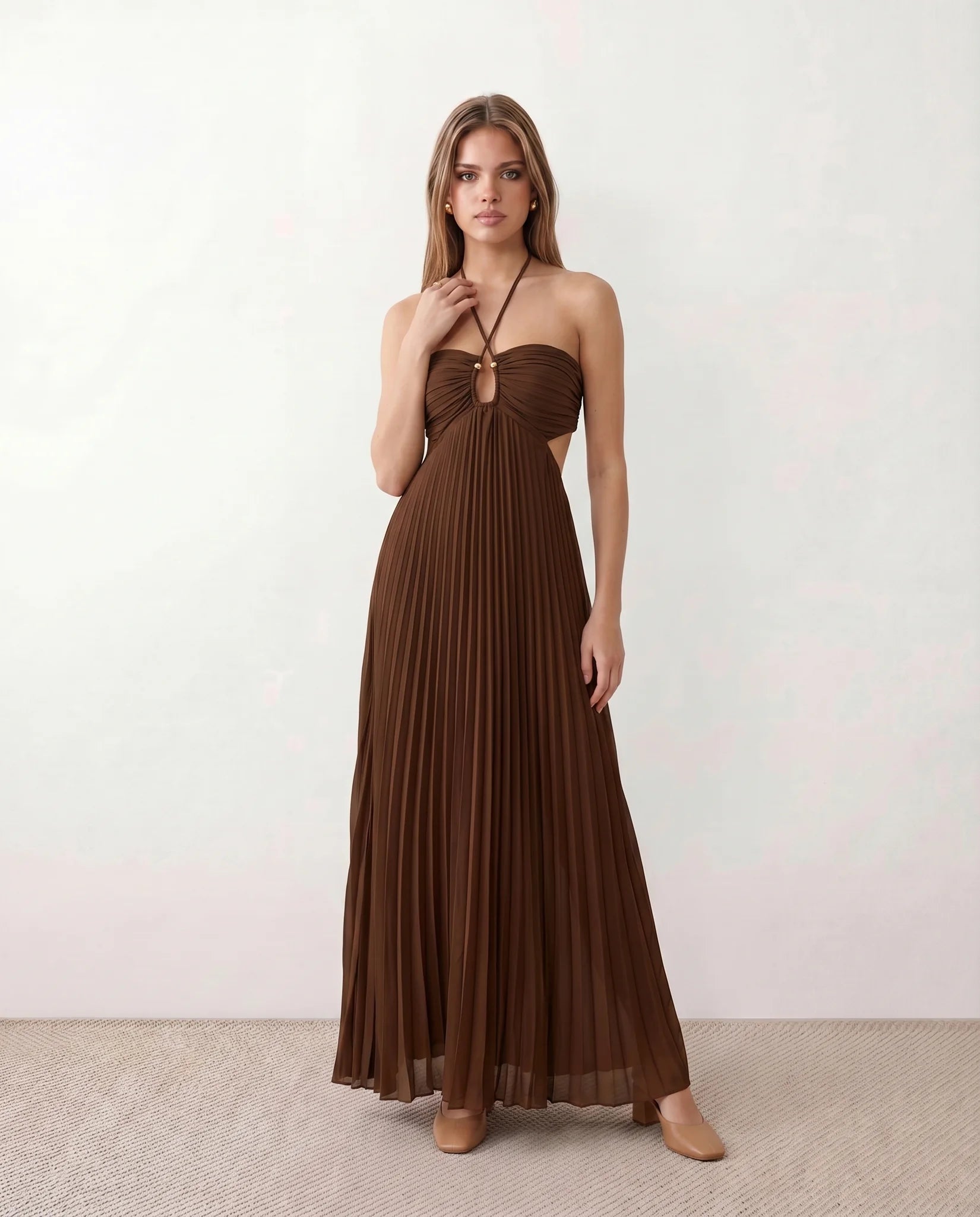 Estella Pleated Strapless Maxi Dress in Brown — front view