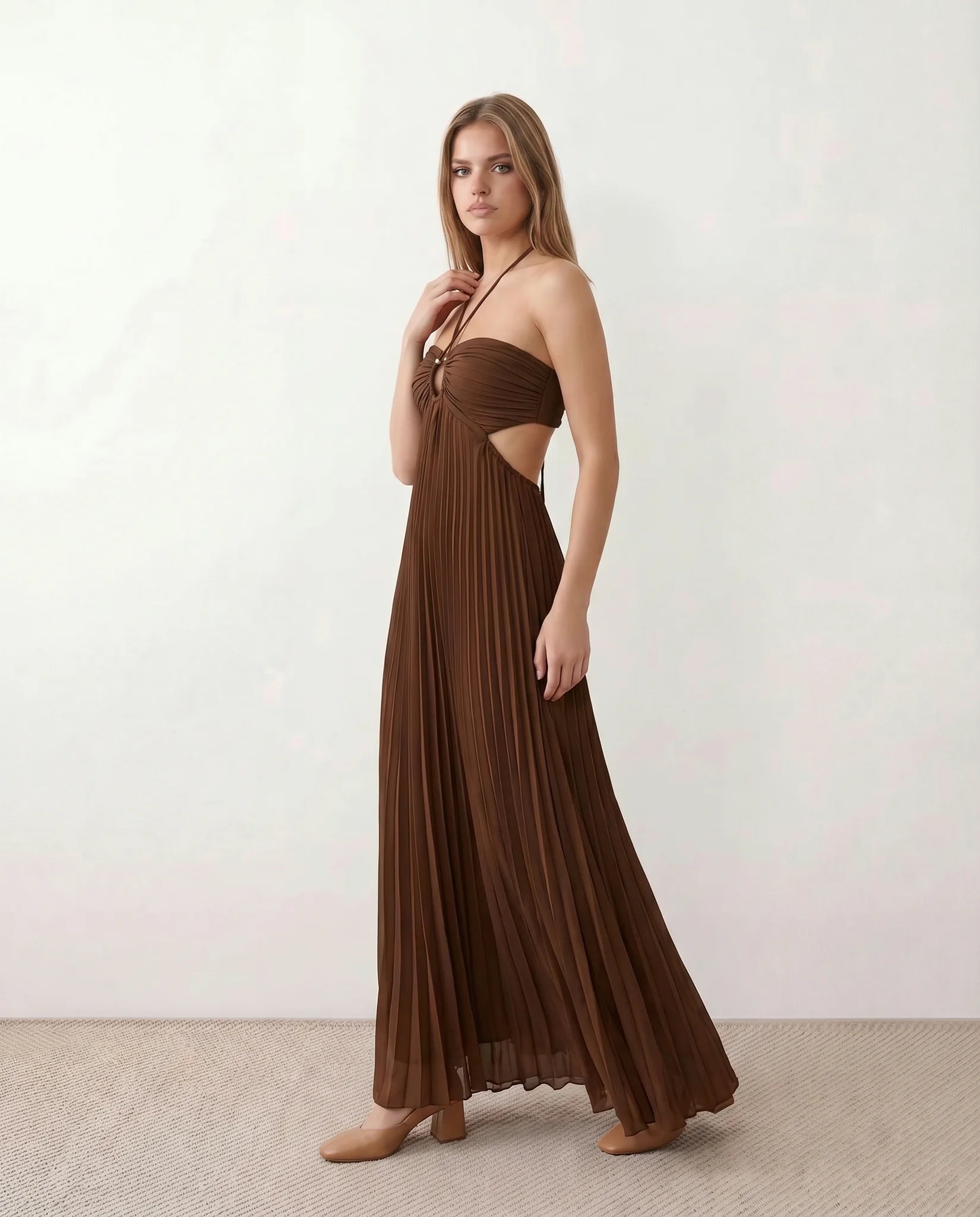 Estella Pleated Strapless Maxi Dress in Brown — side view
