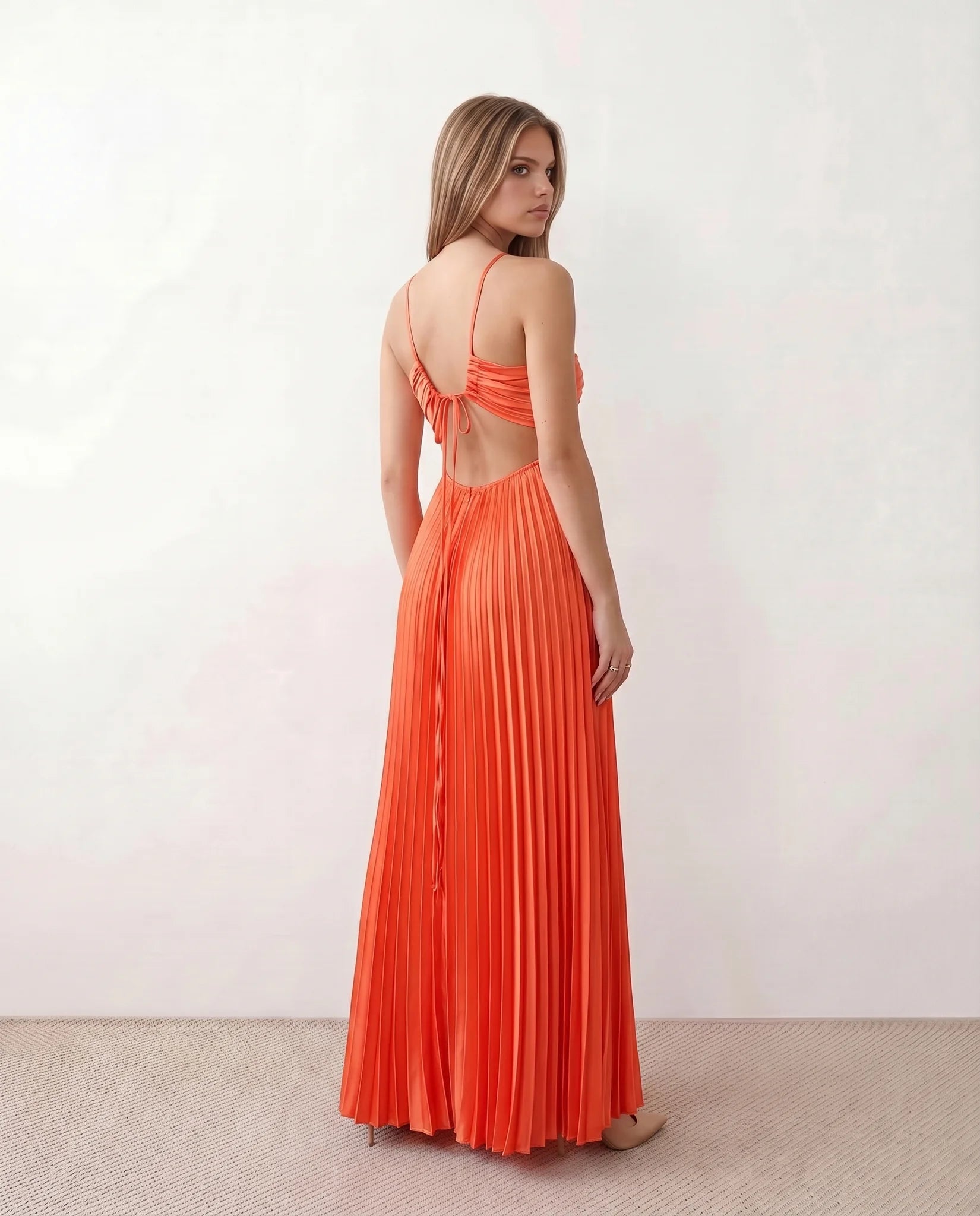 Estella Pleated Strapless Maxi Dress in Orange — back view