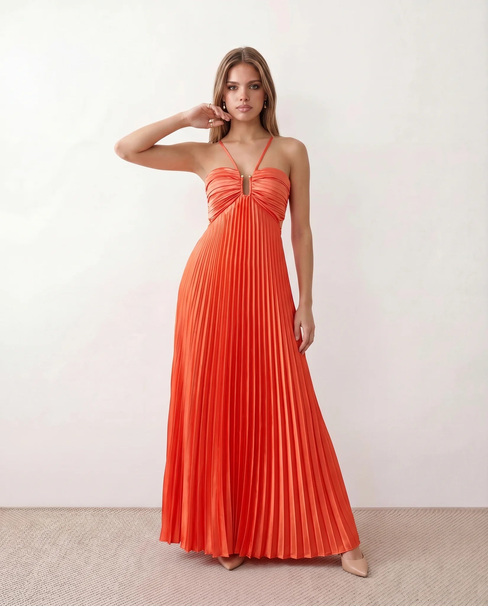 Estella Pleated Strapless Maxi Dress in Orange — front view
