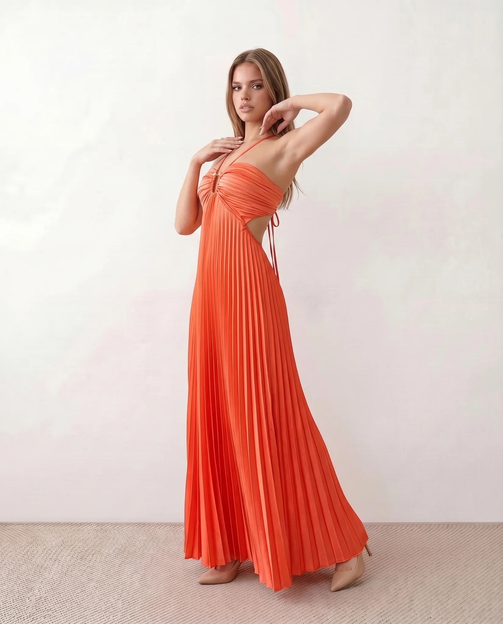 Estella Pleated Strapless Maxi Dress in Orange — side view