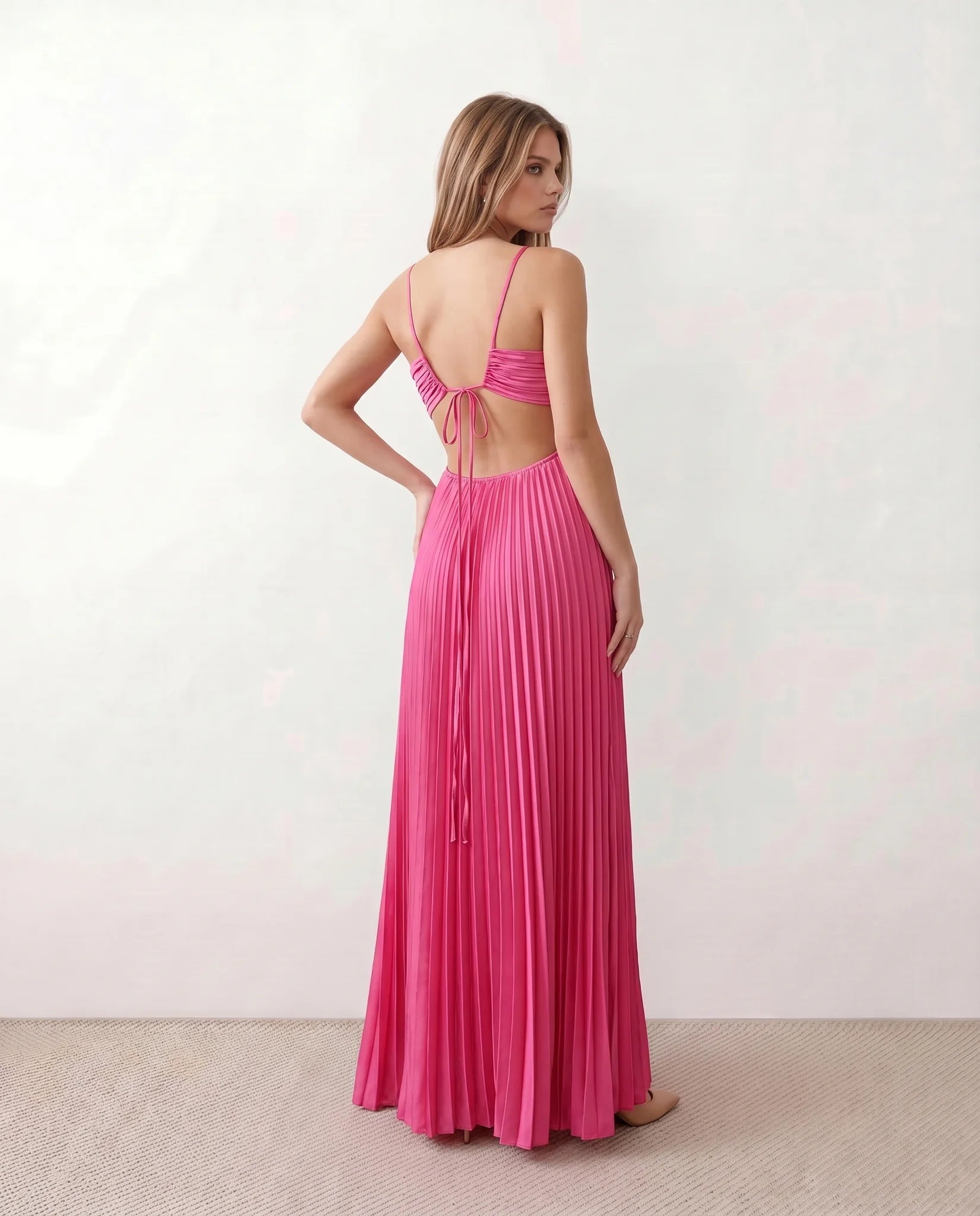Estella Pleated Strapless Maxi Dress in Pink — back view