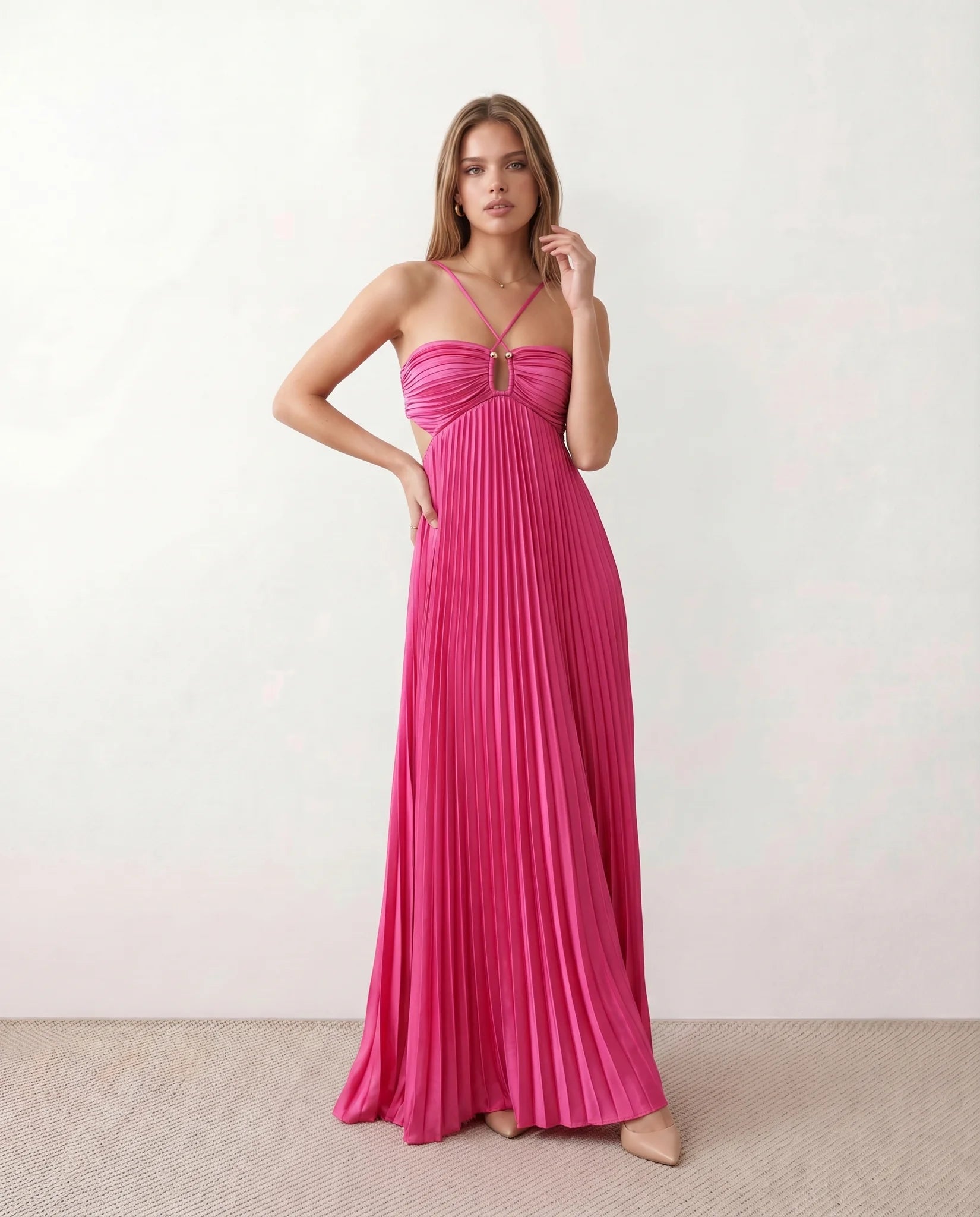 Estella Pleated Strapless Maxi Dress in Pink — front view