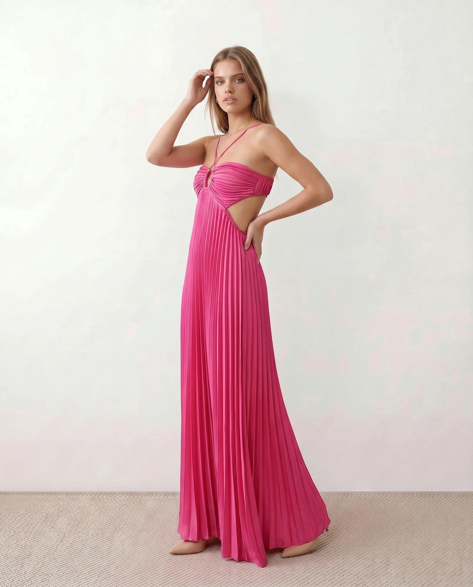 Estella Pleated Strapless Maxi Dress in Pink — side view