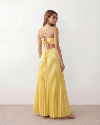 Estella Pleated Strapless Maxi Dress in Yellow — back view