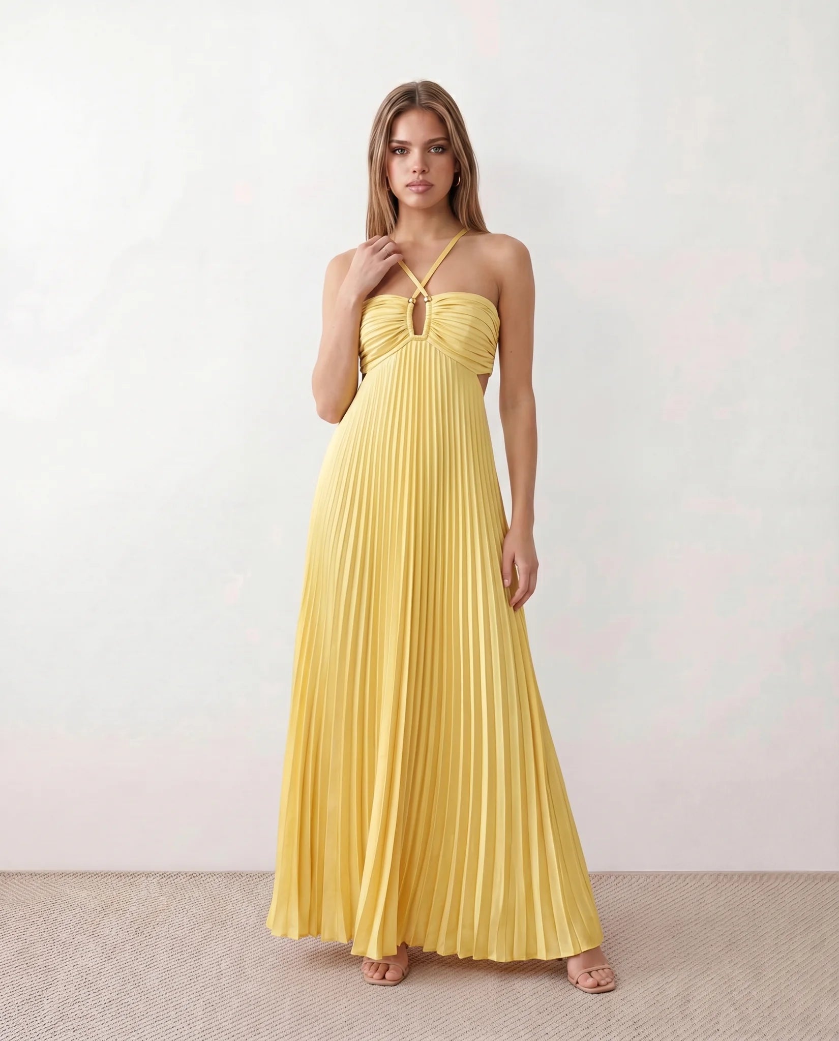 Estella Pleated Strapless Maxi Dress in Yellow — front view