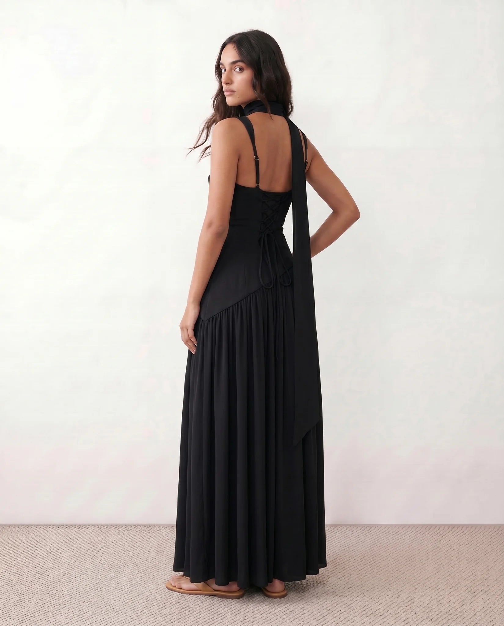 Emelie Basque Waist Lace-Up Maxi Dress in Black — back view
