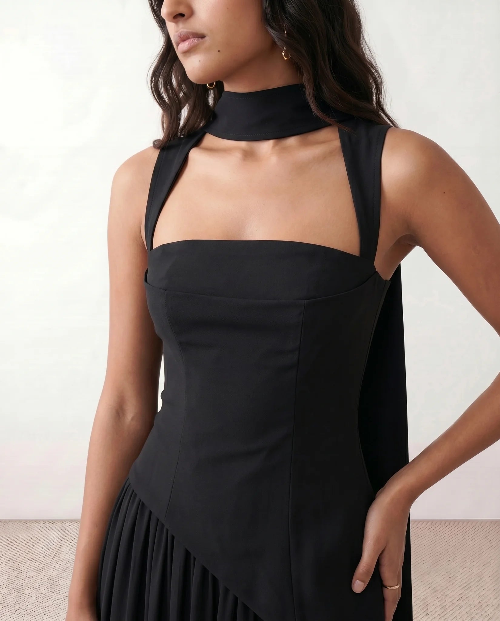 Emelie Basque Waist Lace-Up Maxi Dress in Black — detail close-up