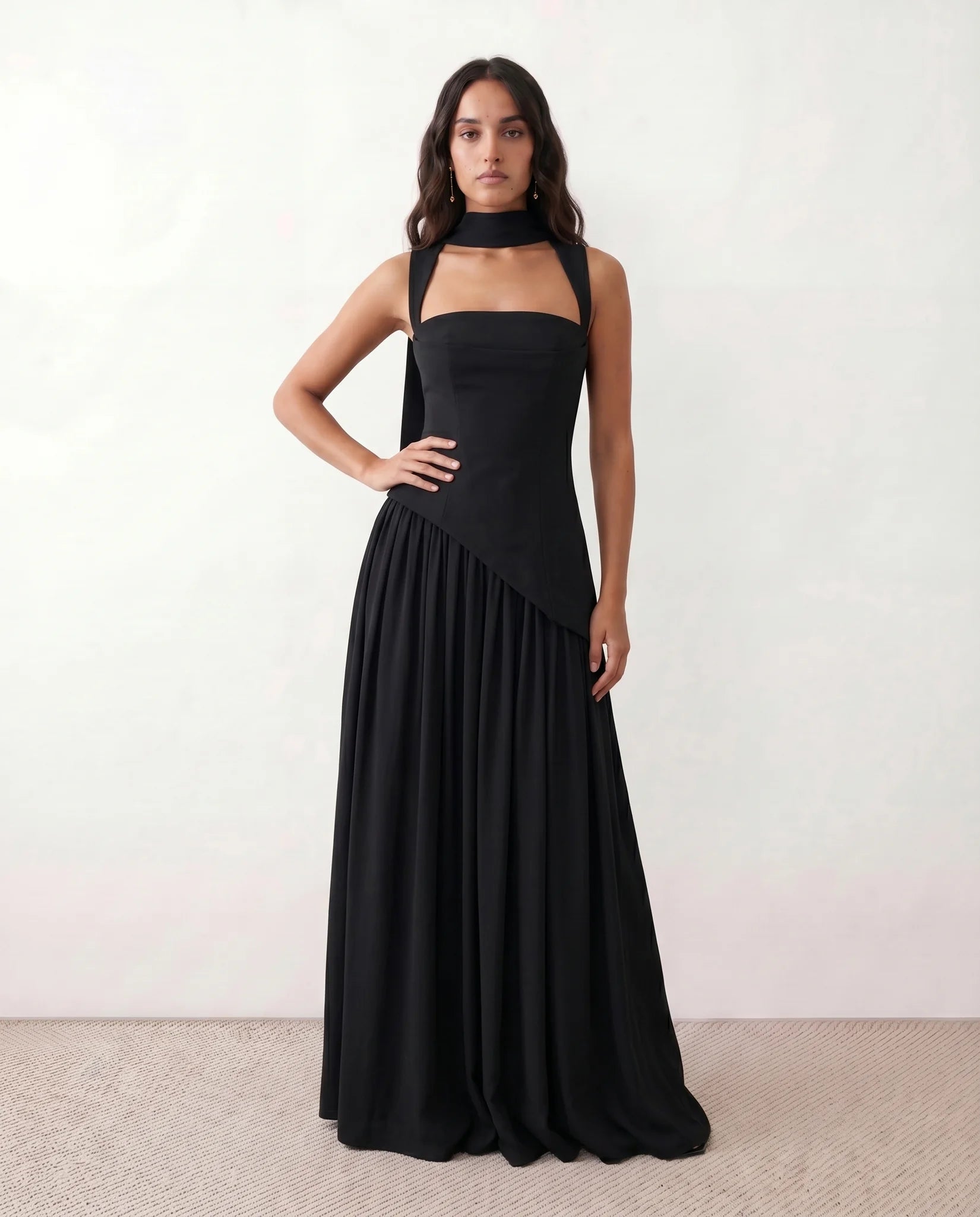 Emelie Basque Waist Lace-Up Maxi Dress in Black — front view