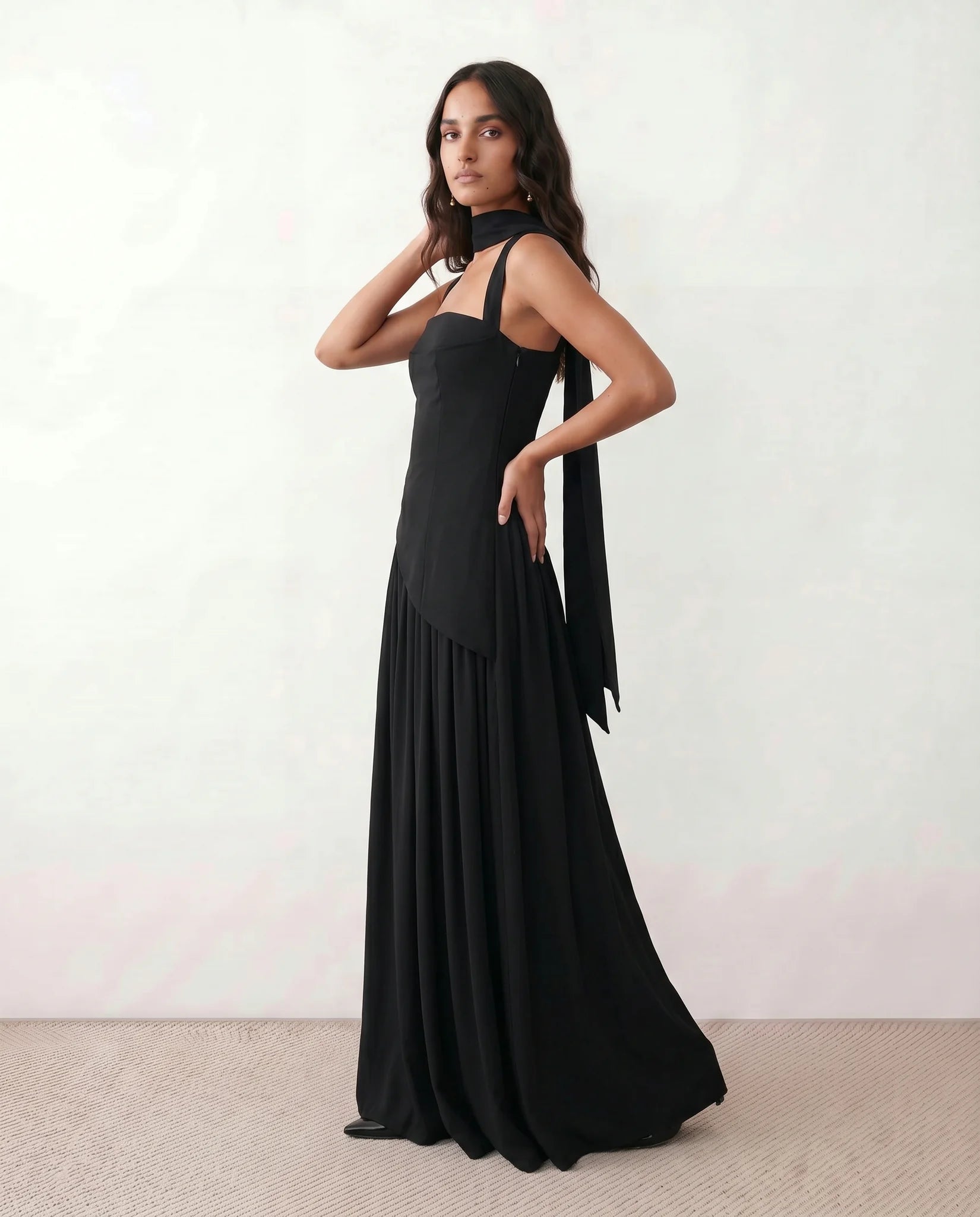 Emelie Basque Waist Lace-Up Maxi Dress in Black — side view