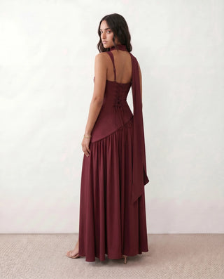 Emelie Basque Waist Lace-Up Maxi Dress in Burgundy — back view