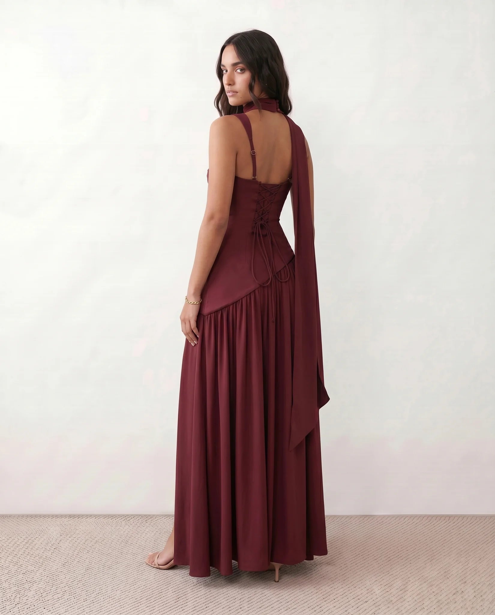Emelie Basque Waist Lace-Up Maxi Dress in Burgundy — back view