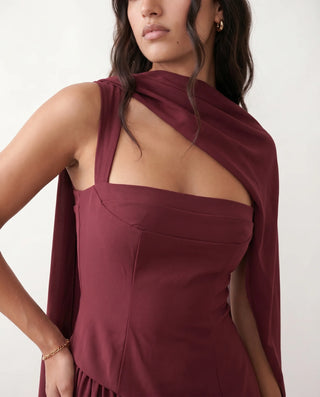 Emelie Basque Waist Lace-Up Maxi Dress in Burgundy — detail close-up