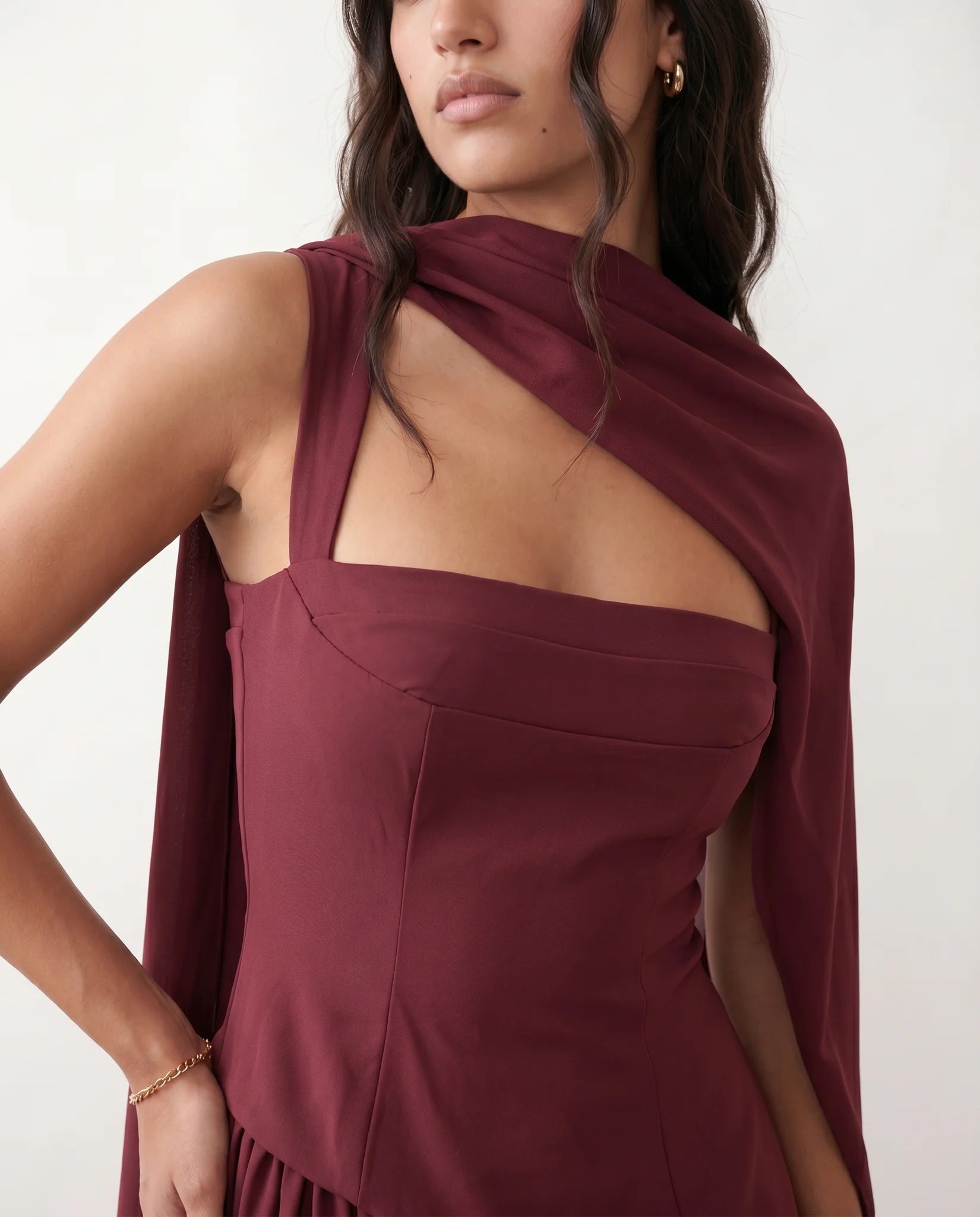 Emelie Basque Waist Lace-Up Maxi Dress in Burgundy — detail close-up