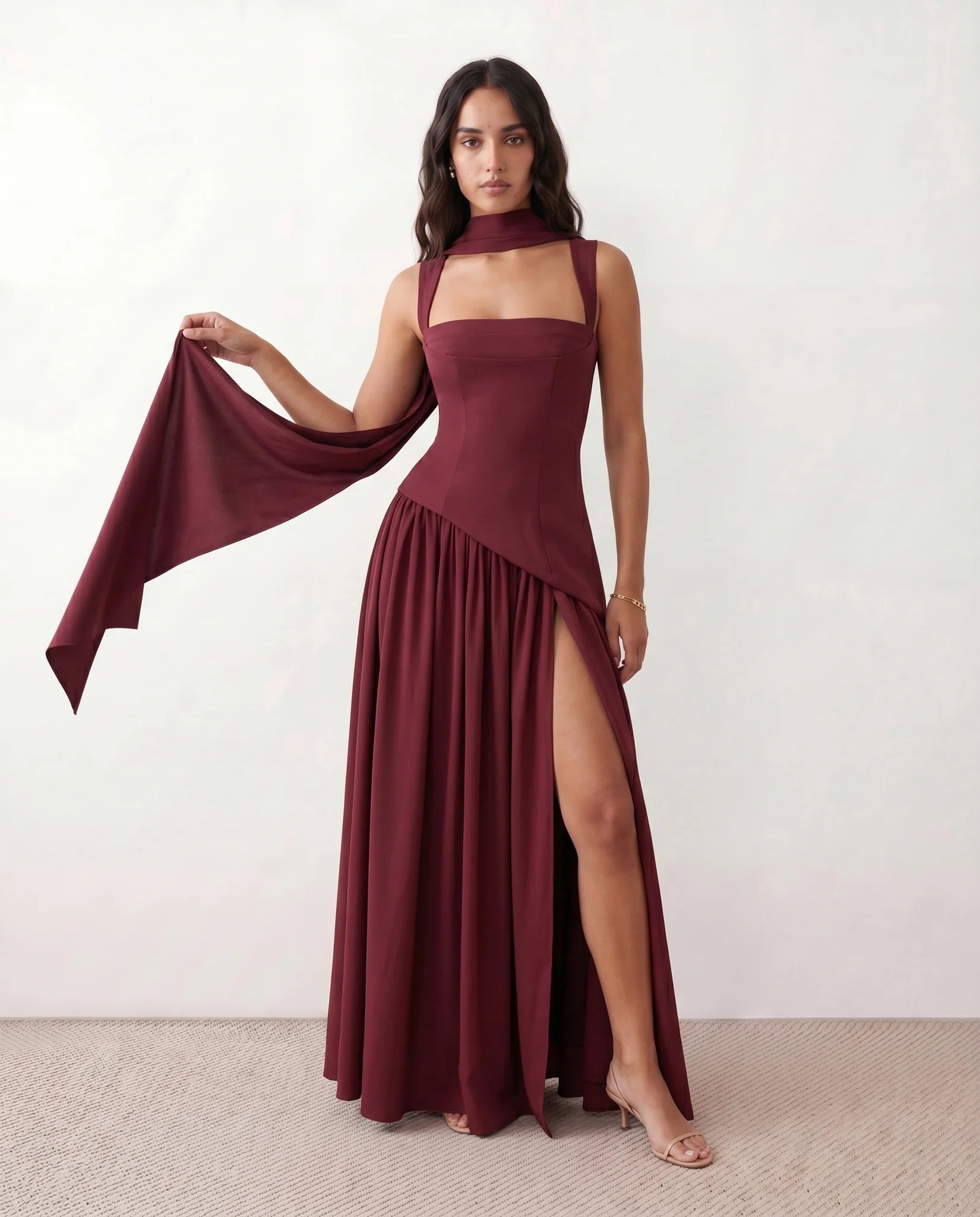 Emelie Basque Waist Lace-Up Maxi Dress in Burgundy — front view