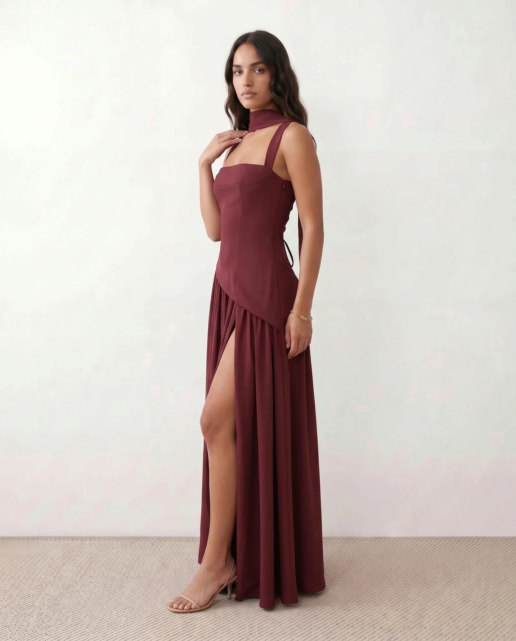 Emelie Basque Waist Lace-Up Maxi Dress in Burgundy — side view