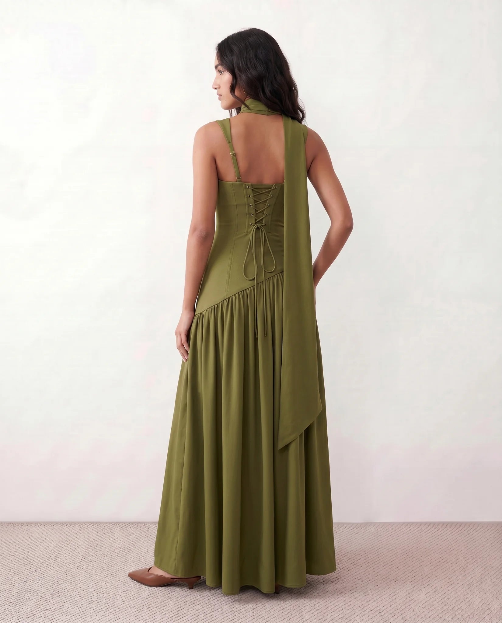 Emelie Basque Waist Lace-Up Maxi Dress in Green — back view