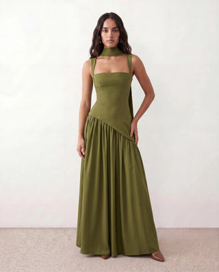 Emelie Basque Waist Lace-Up Maxi Dress in Green — front view
