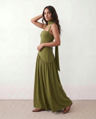 Emelie Basque Waist Lace-Up Maxi Dress in Green — side view