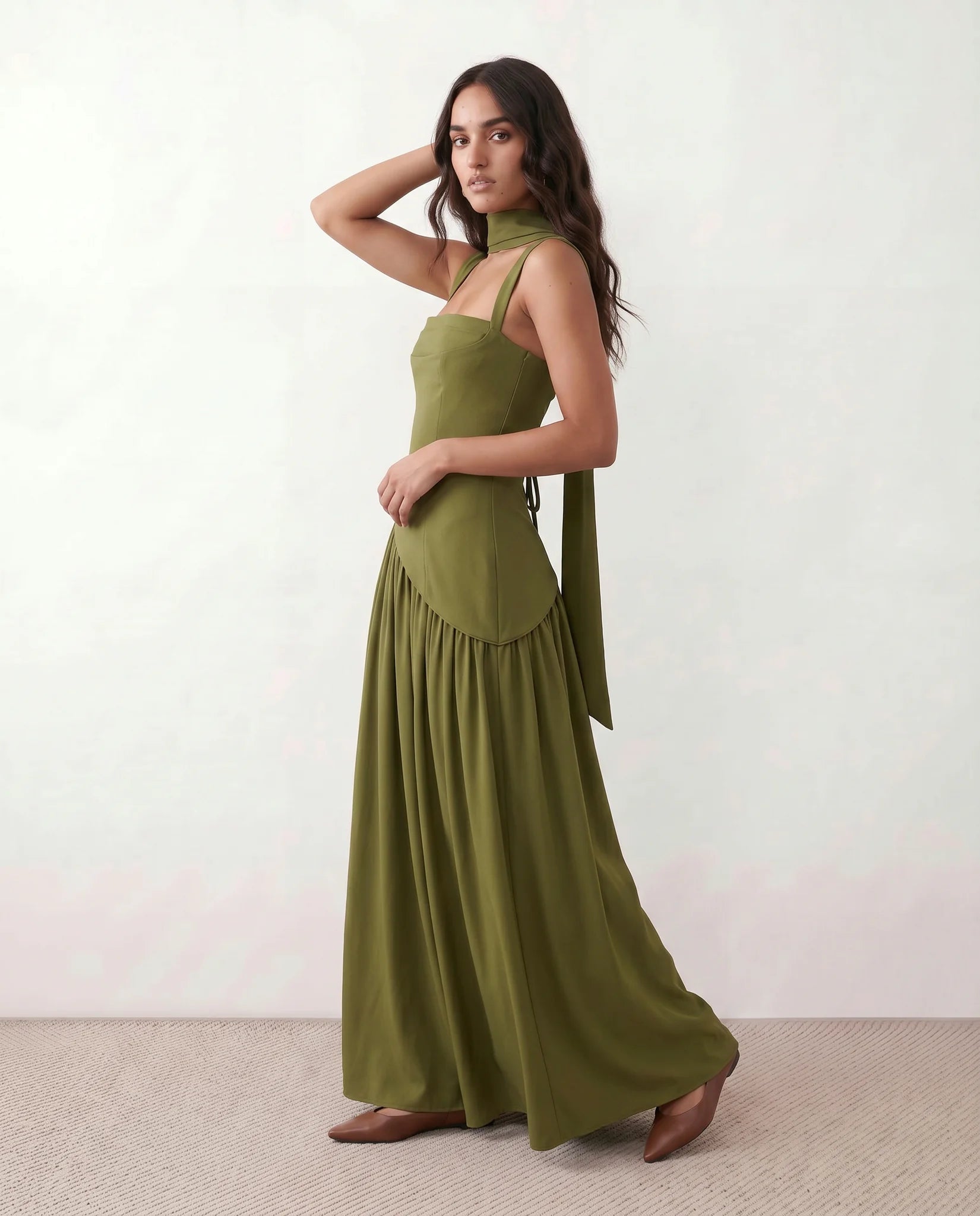 Emelie Basque Waist Lace-Up Maxi Dress in Green — side view