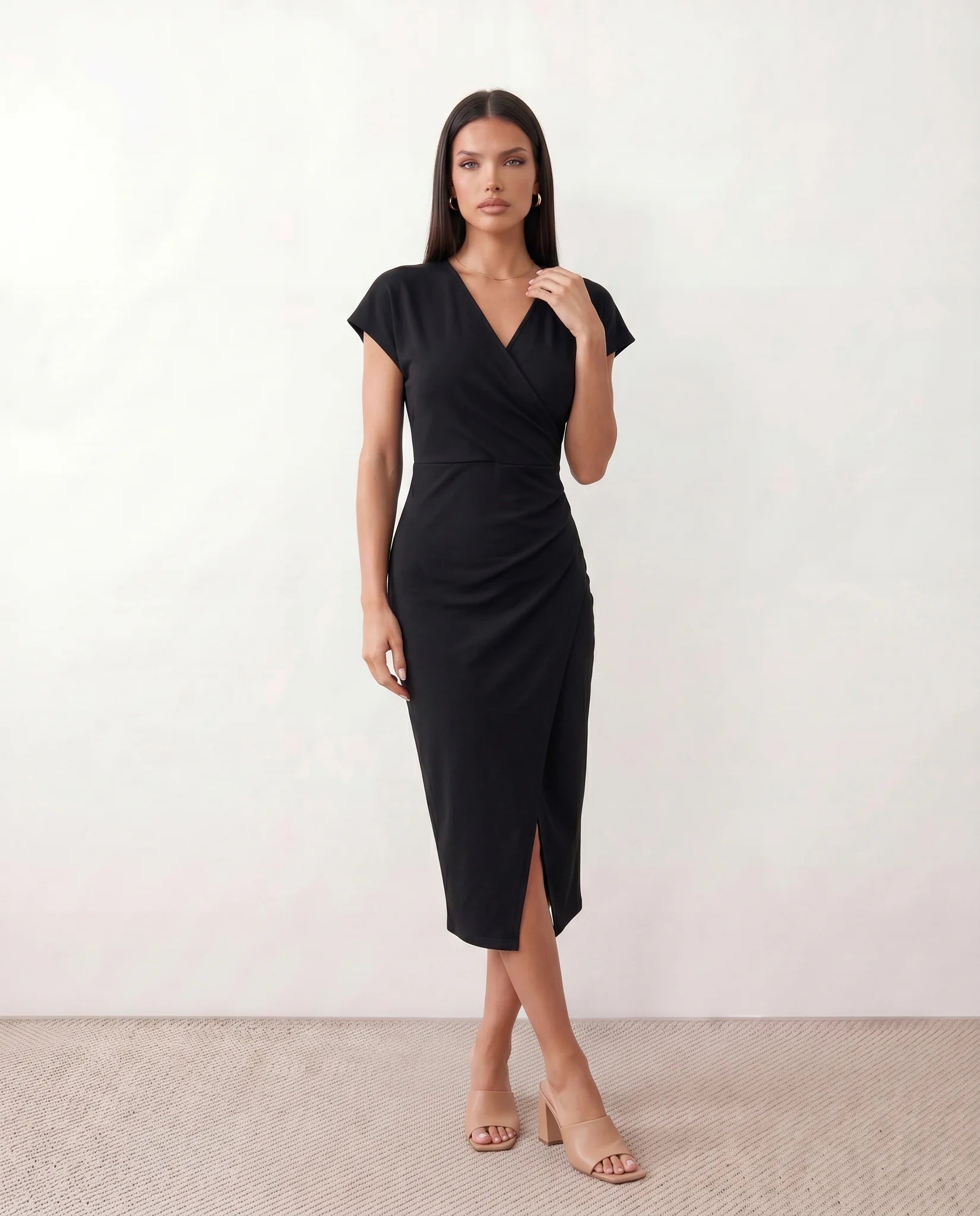 Eugenia Draped Midi Dress in Black — front view