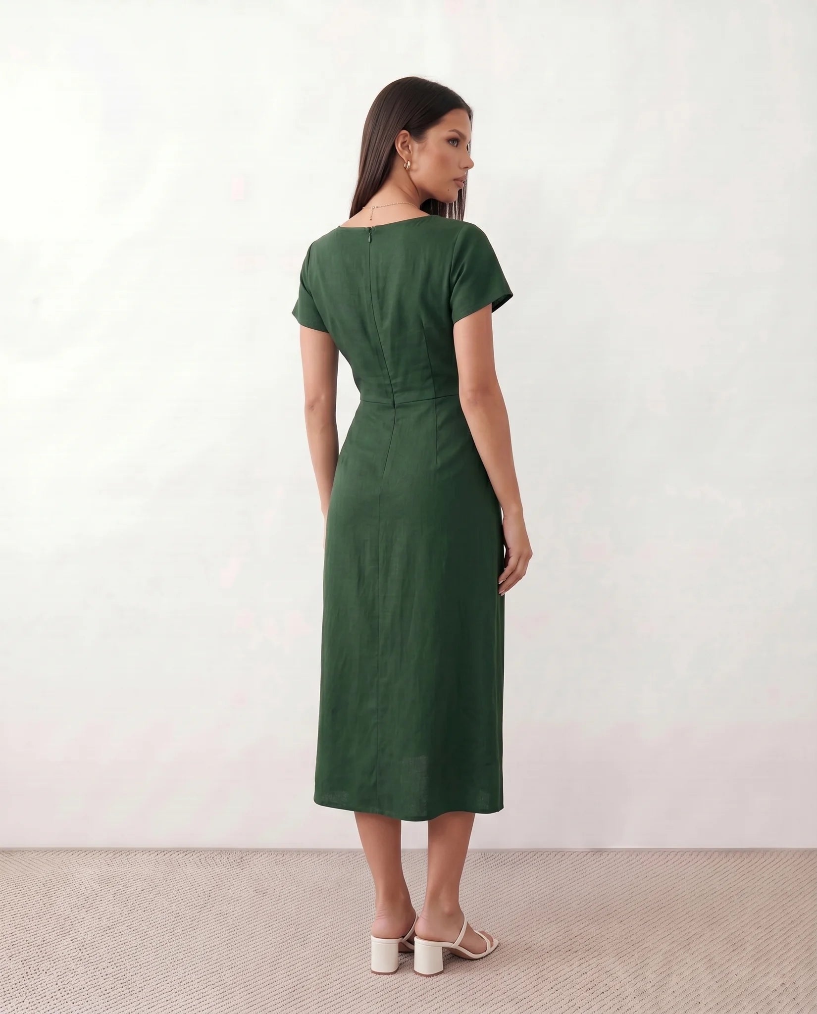 Eugenia Draped Midi Dress in Green — back view