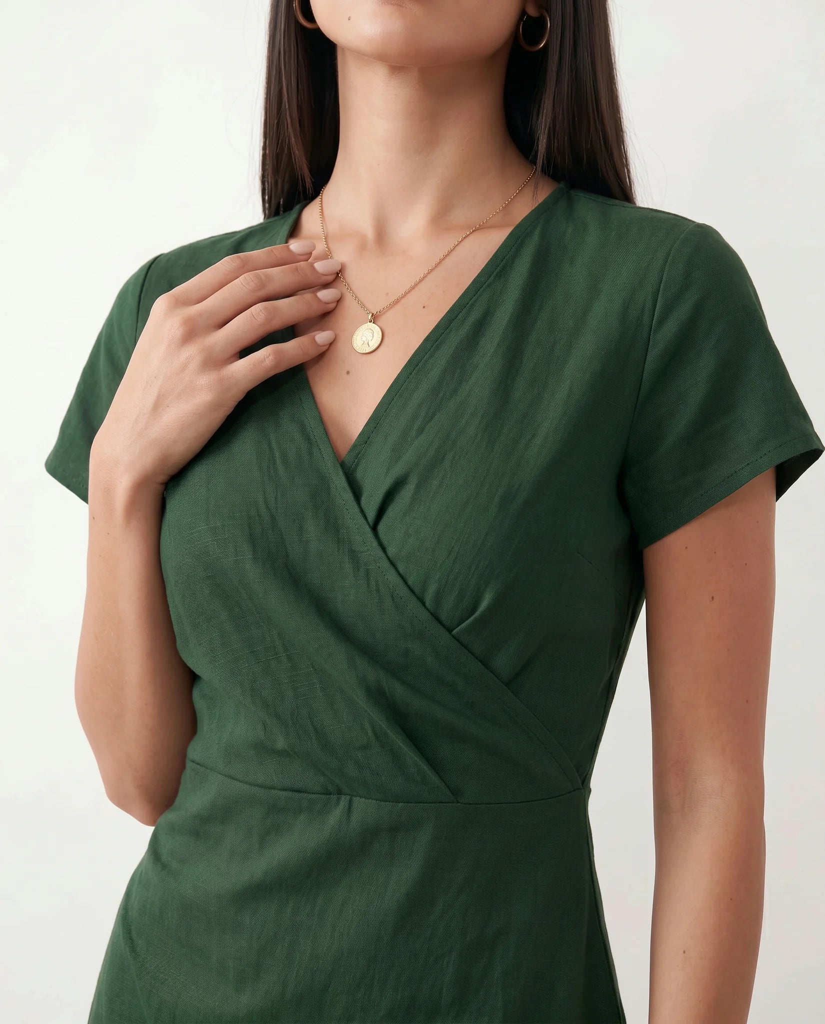 Eugenia Draped Midi Dress in Green — detail close-up