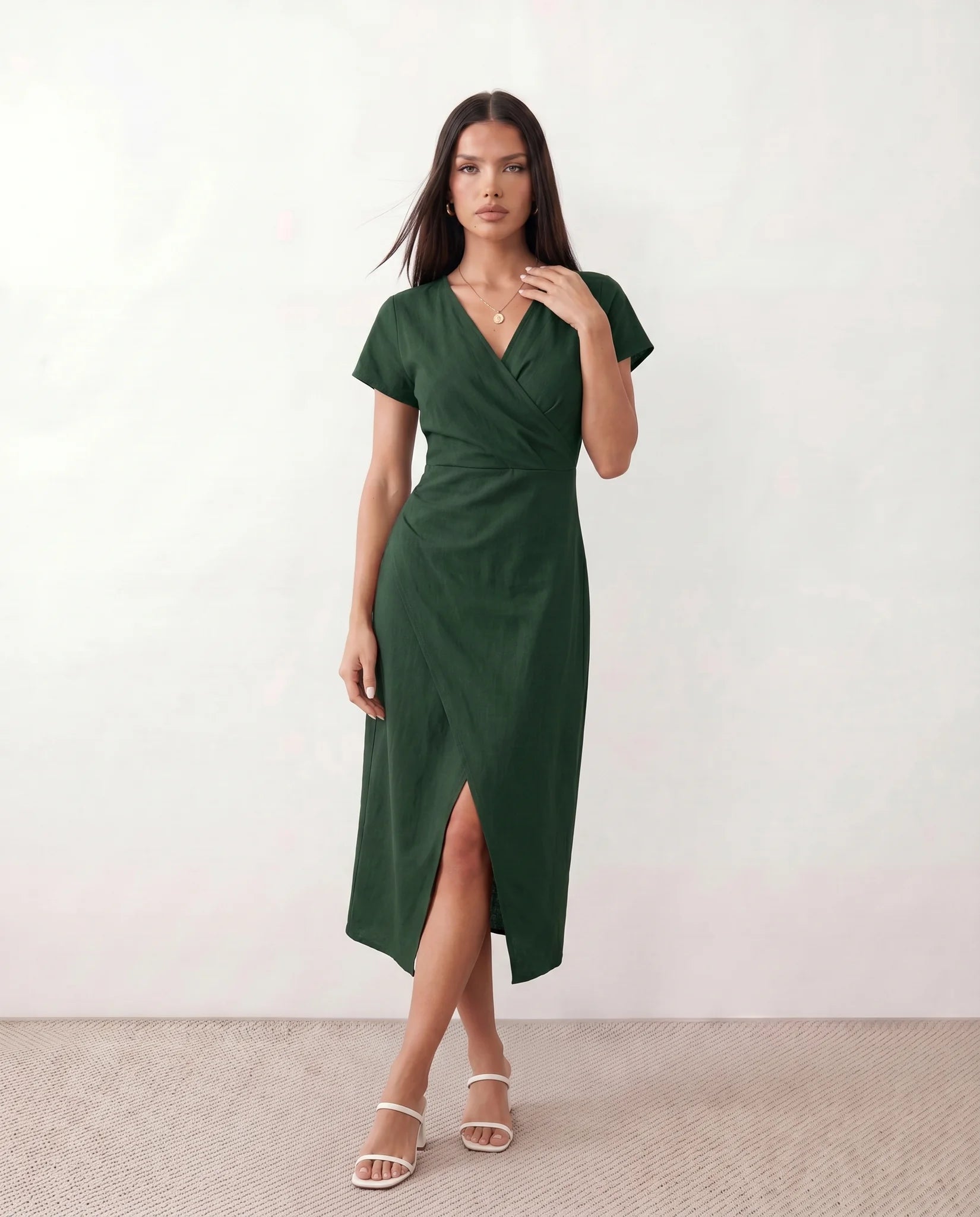 Eugenia Draped Midi Dress in Green — front view