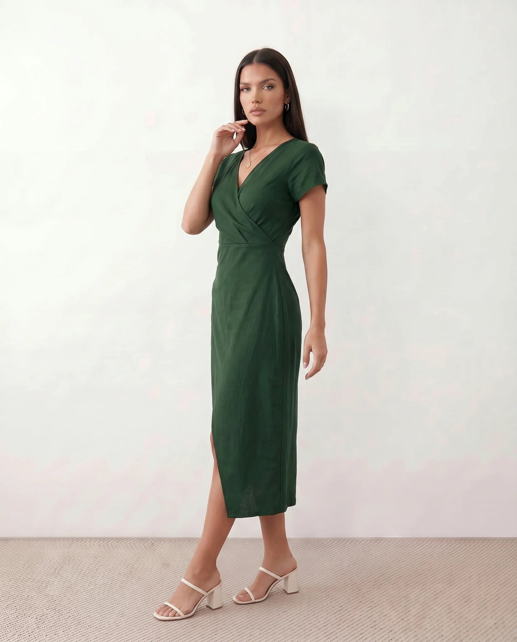 Eugenia Draped Midi Dress in Green — side view