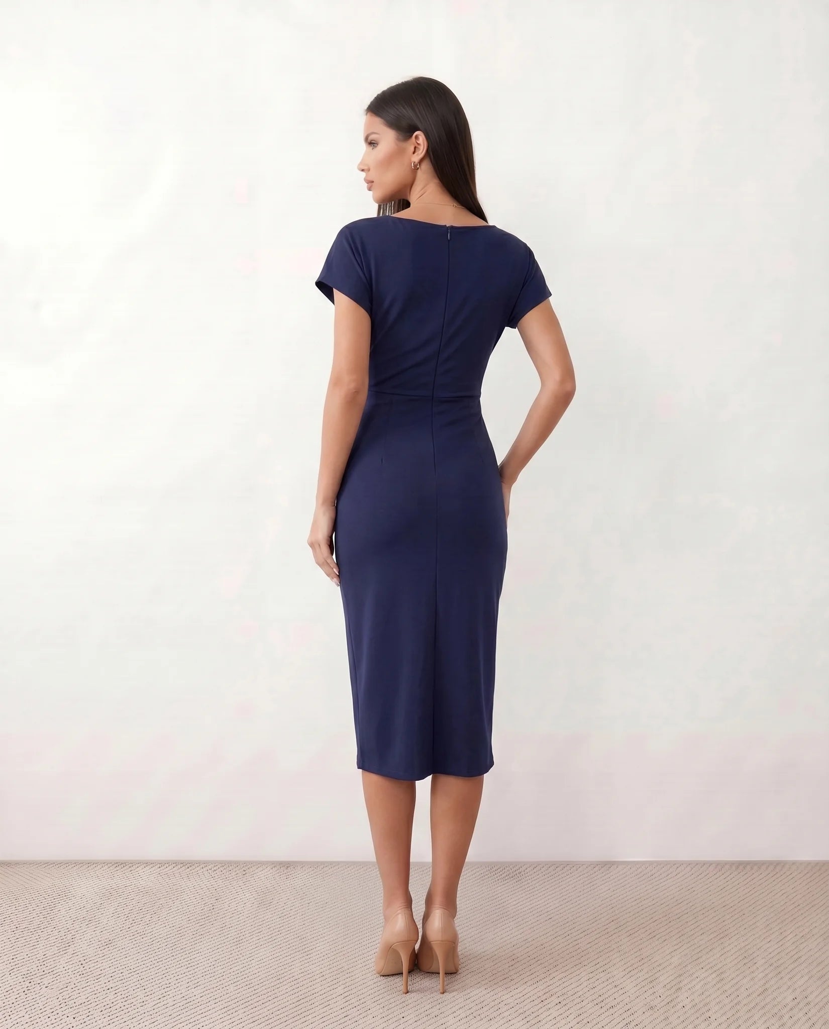 Eugenia Draped Midi Dress in Navy — back view