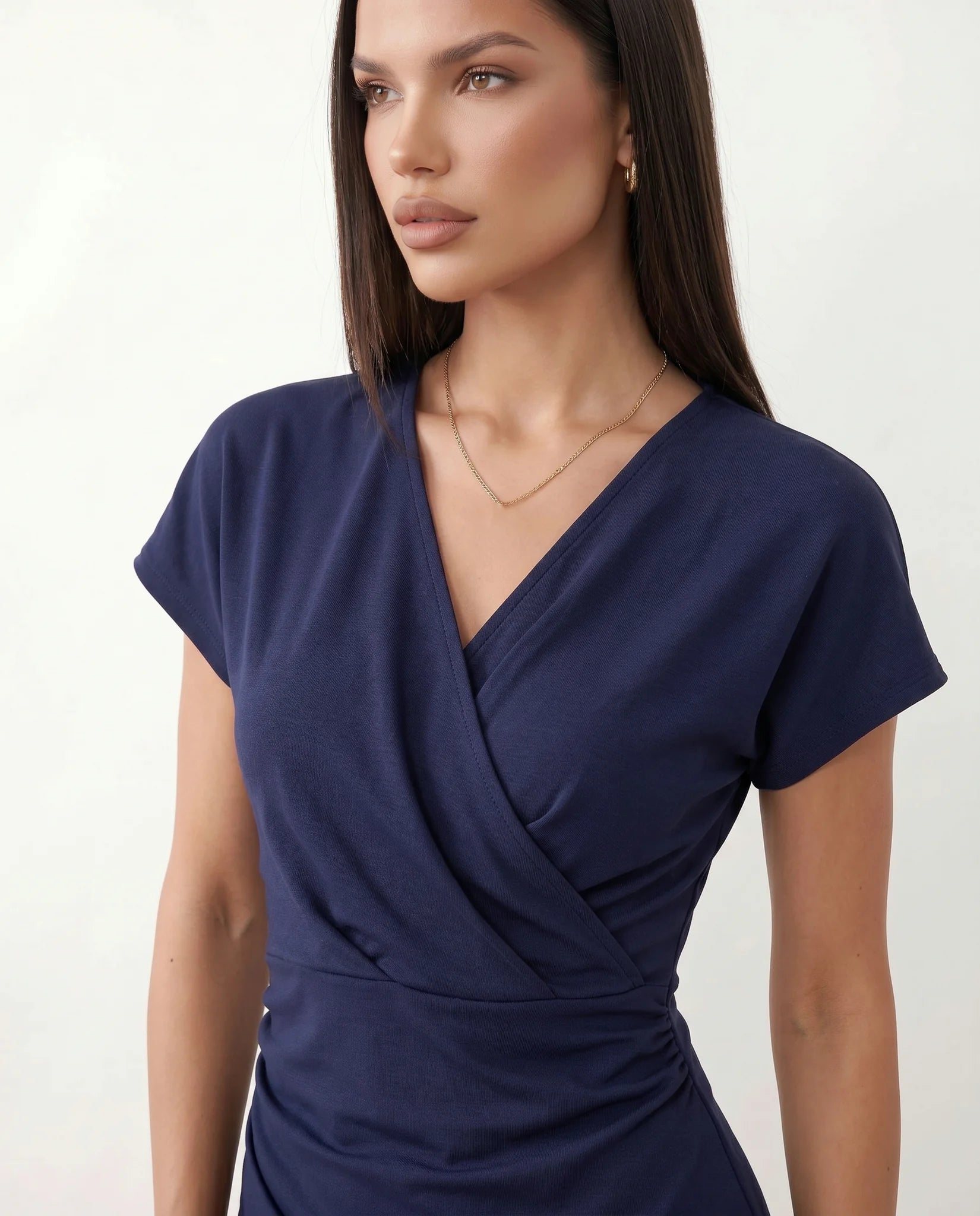 Eugenia Draped Midi Dress in Navy — detail close-up