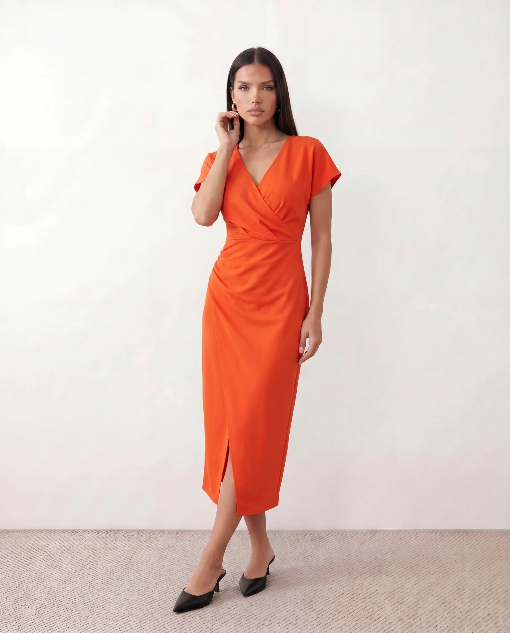 Eugenia Draped Midi Dress in Orange — front view