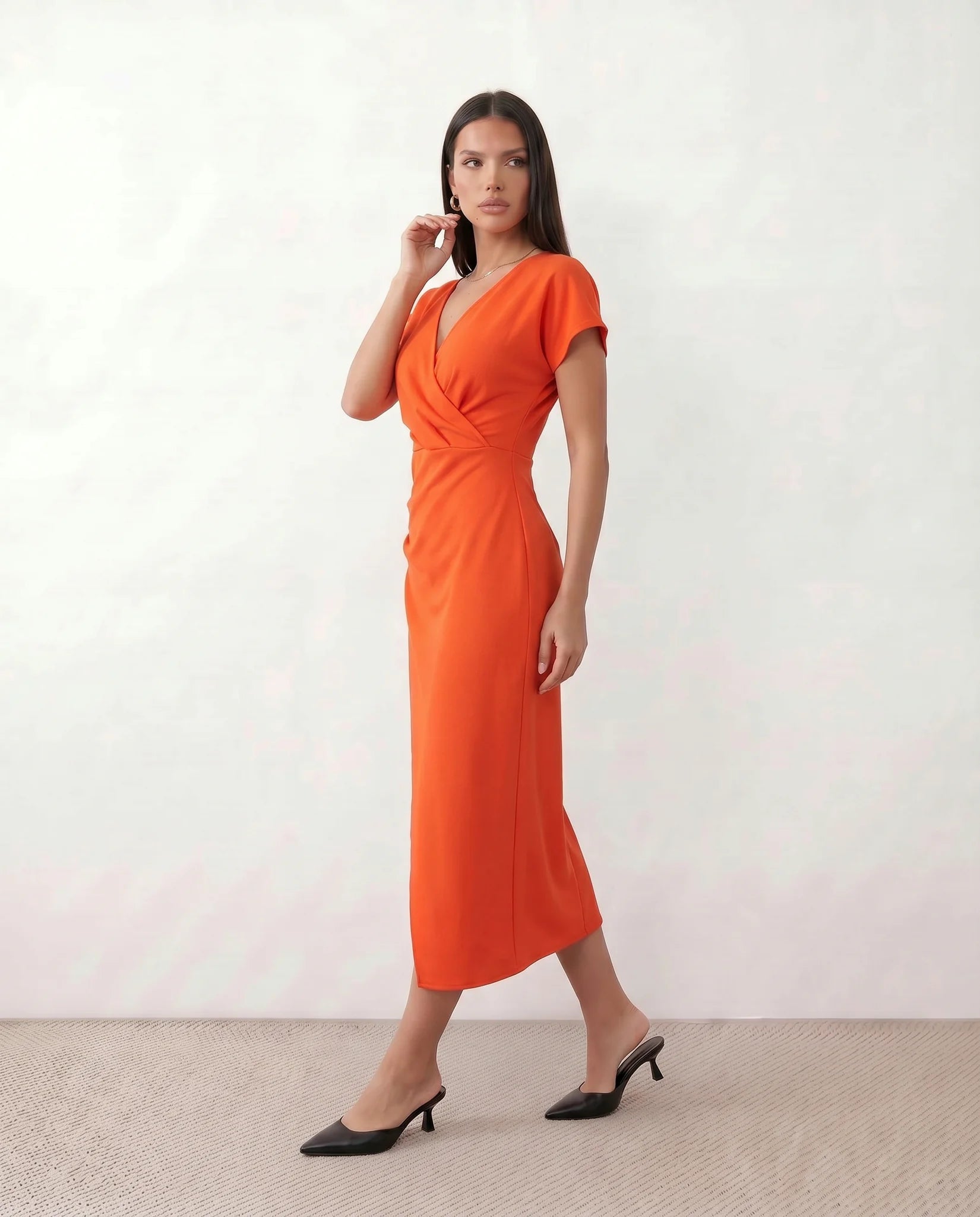 Eugenia Draped Midi Dress in Orange — side view