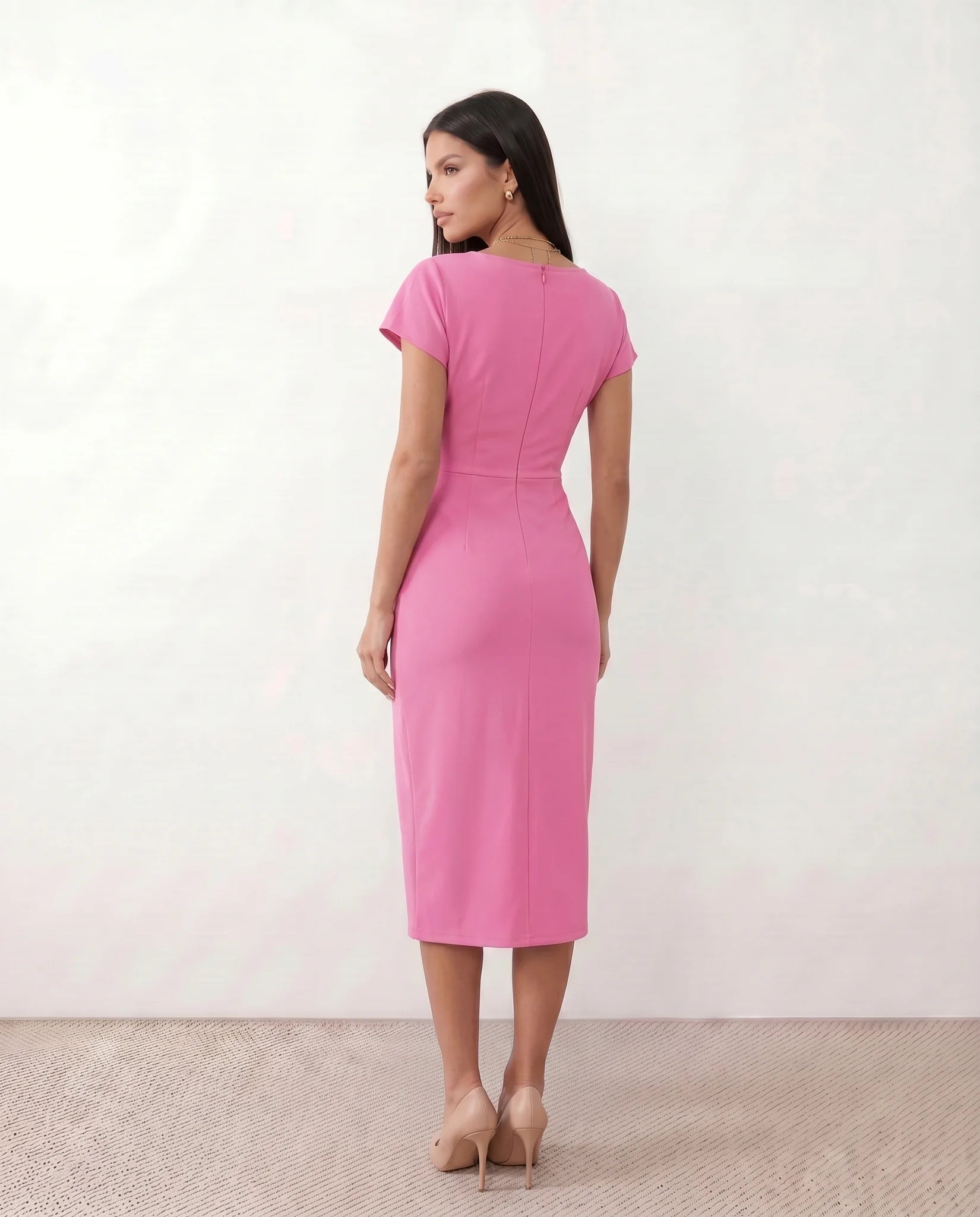 Eugenia Draped Midi Dress in Pink — back view