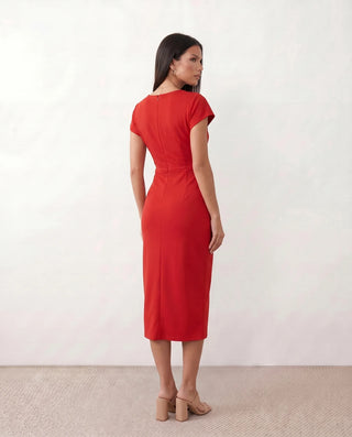 Eugenia Draped Midi Dress in Red — back view