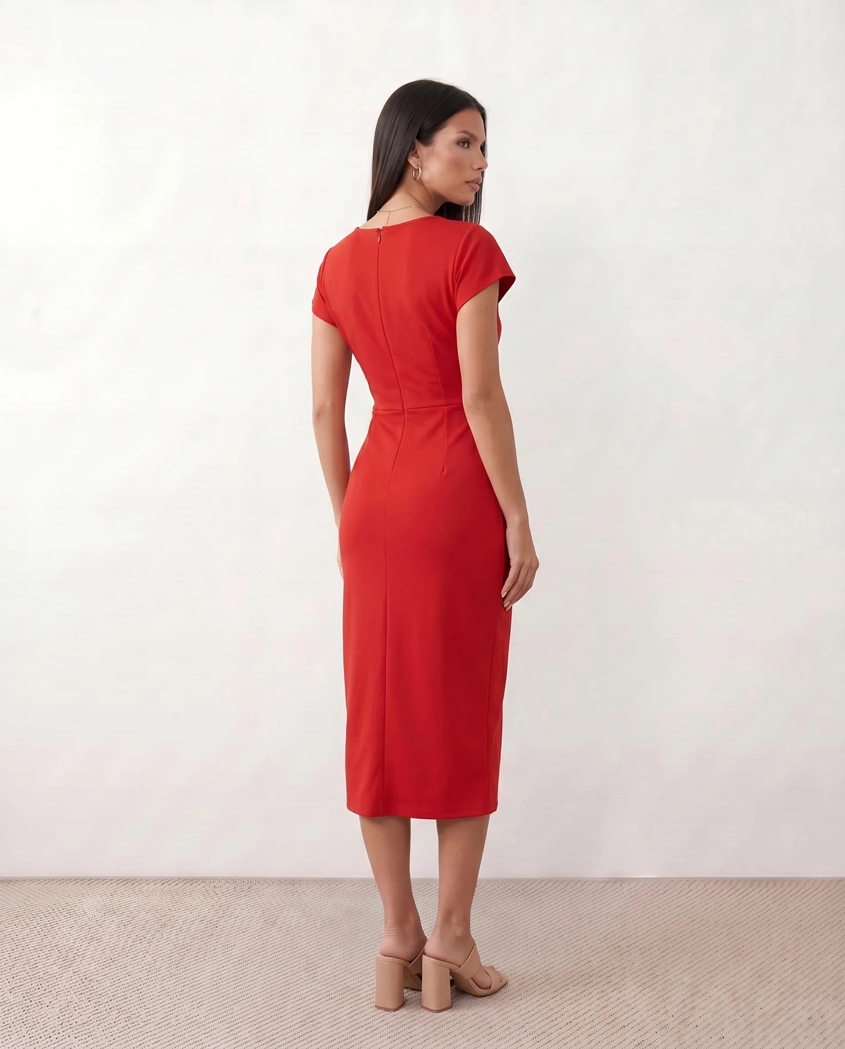 Eugenia Draped Midi Dress in Red — back view